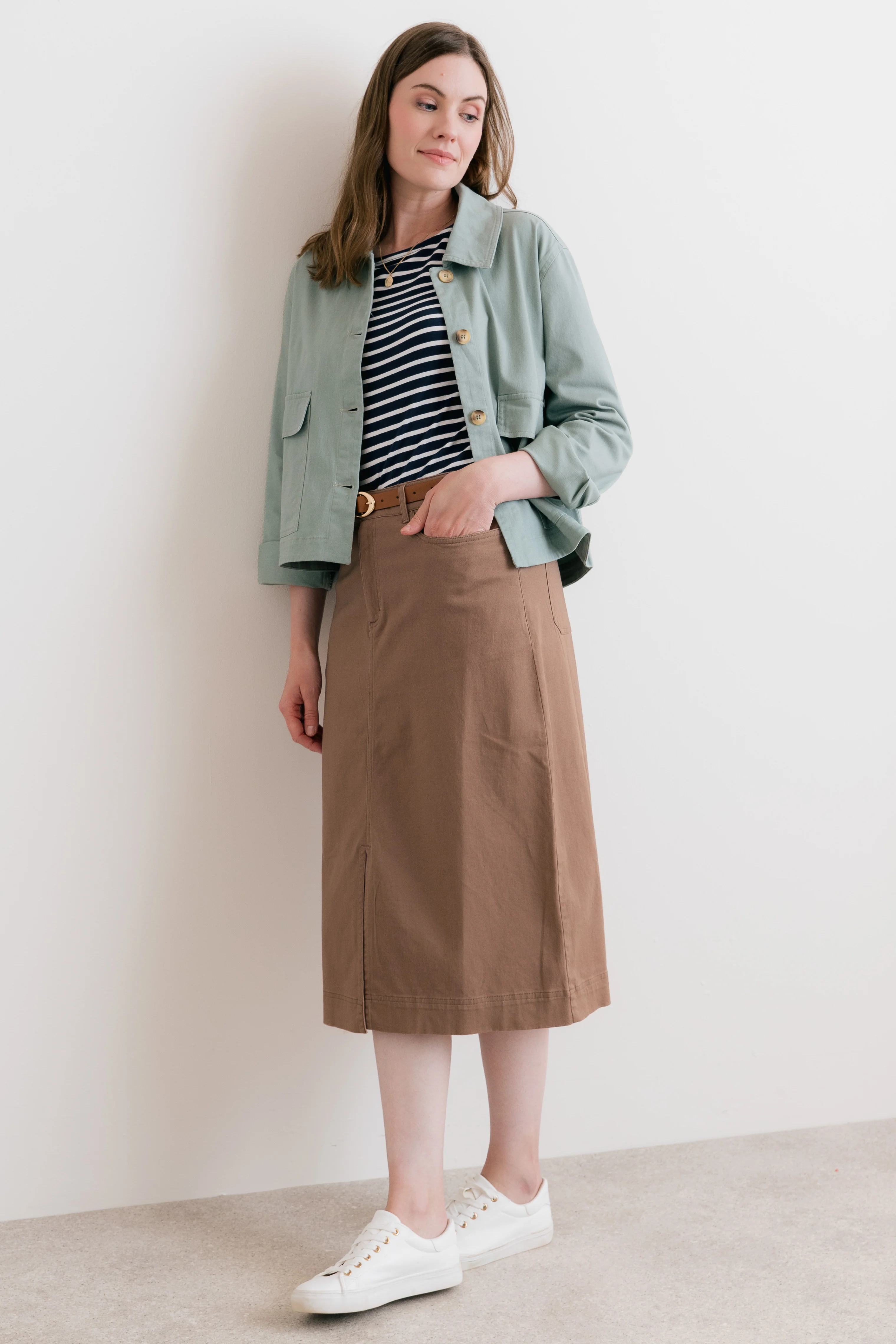 Morwenna Stretch Twill Midi Skirt Mocha - Image 7