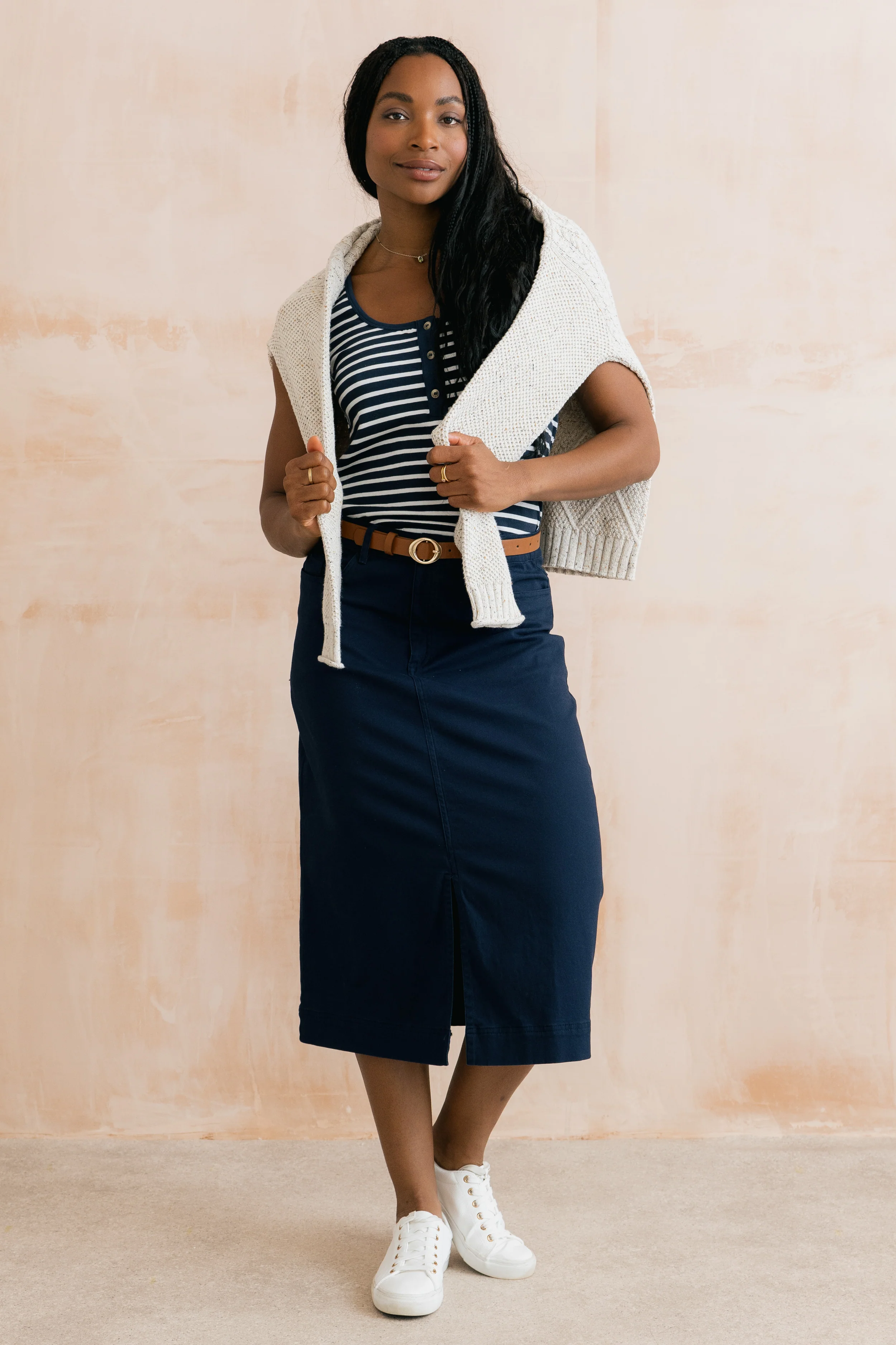 Morwenna Stretch Twill Midi Skirt Navy - Image 5
