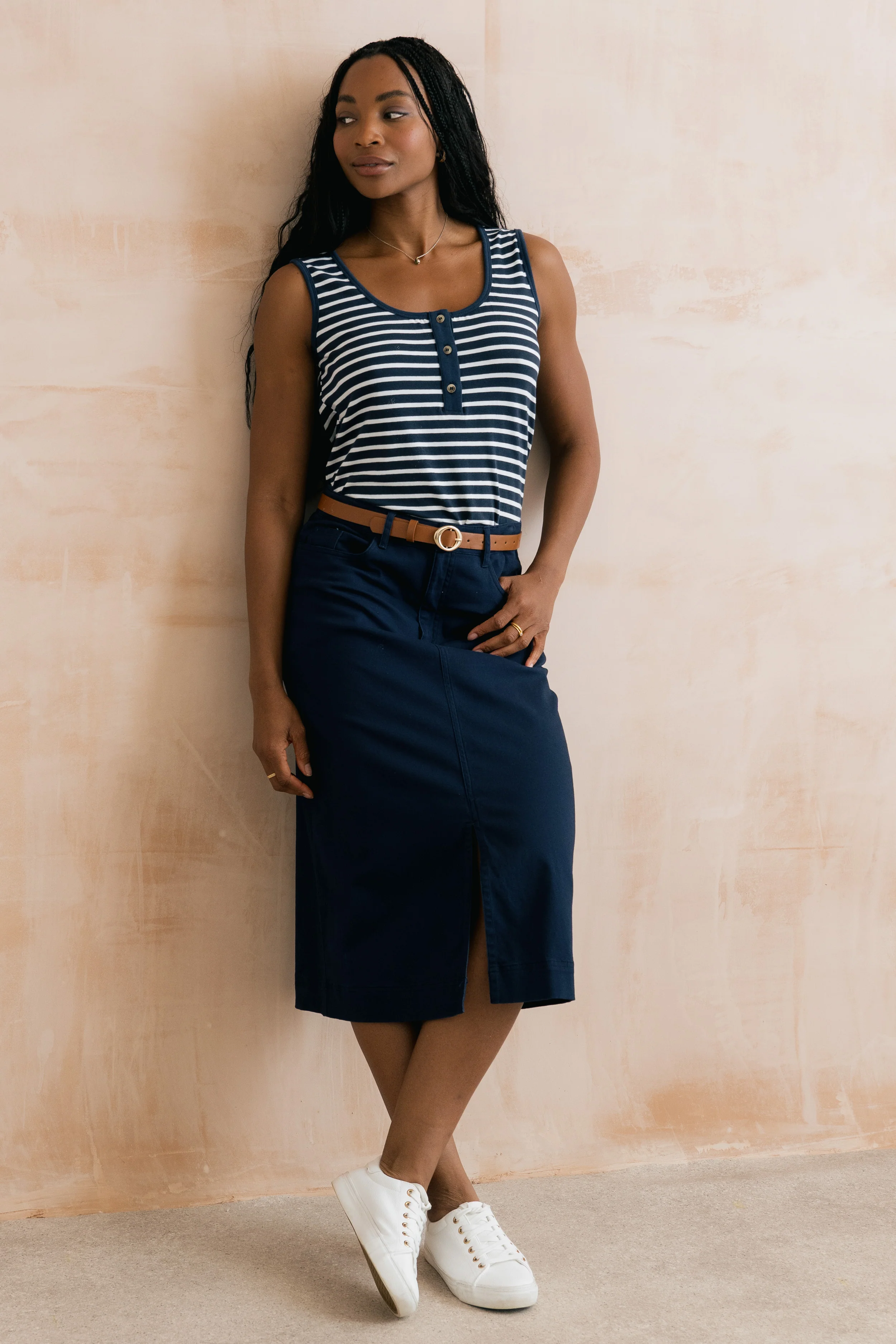 Morwenna Stretch Twill Midi Skirt Navy - Image 7