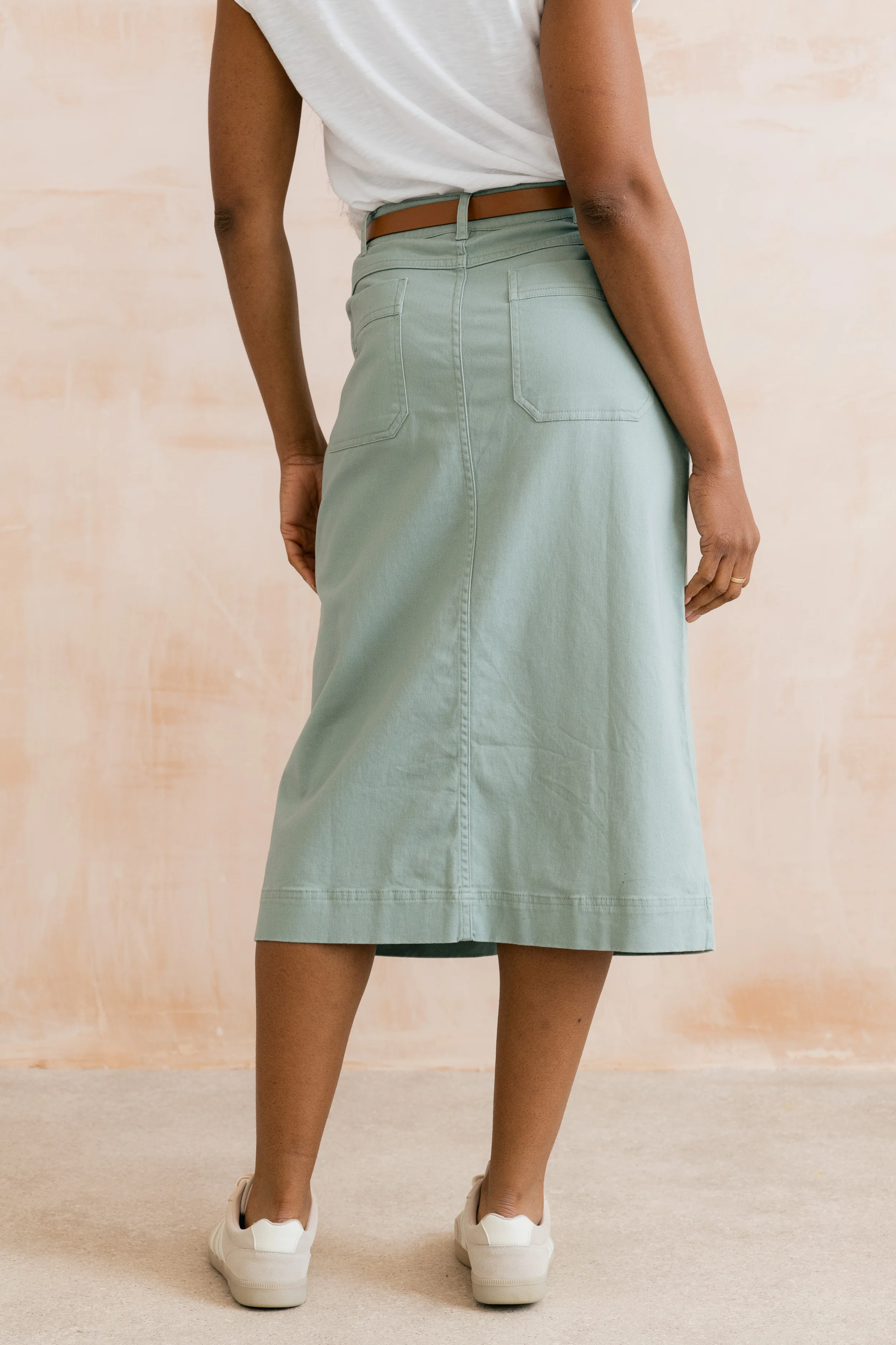Morwenna Stretch Twill Midi Skirt Silver Sage - Image 4