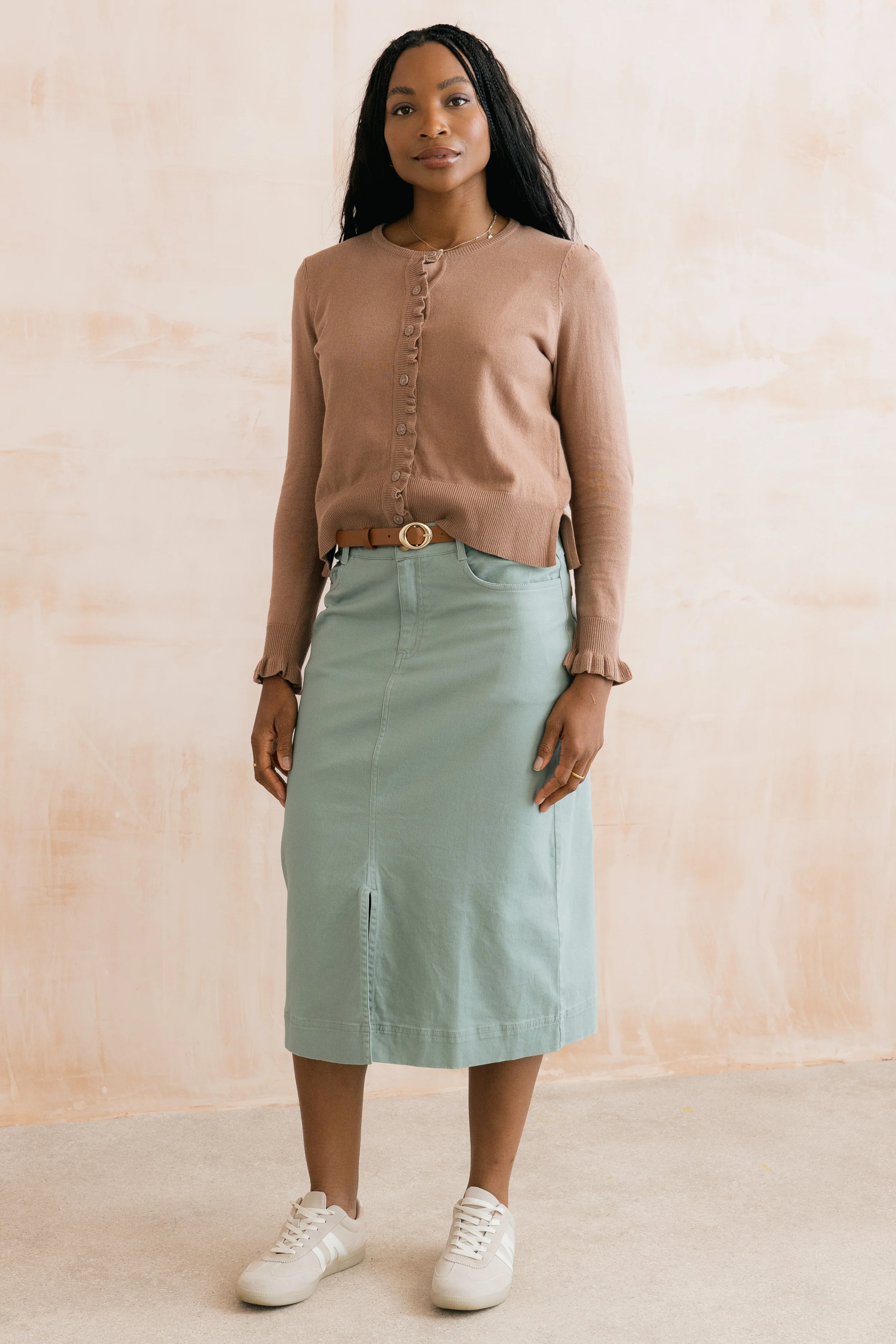 Morwenna Stretch Twill Midi Skirt Silver Sage - Image 5