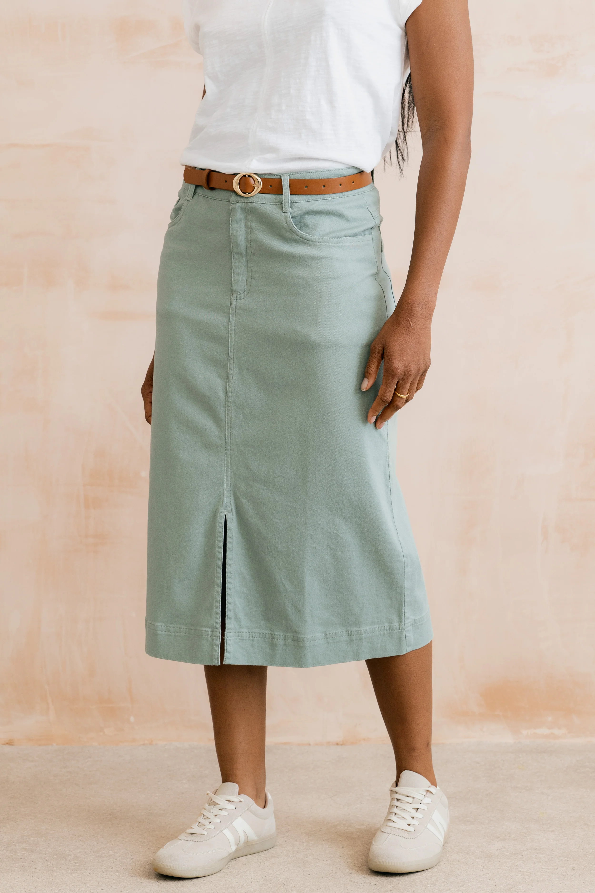 Morwenna Stretch Twill Midi Skirt Silver Sage - Image 6