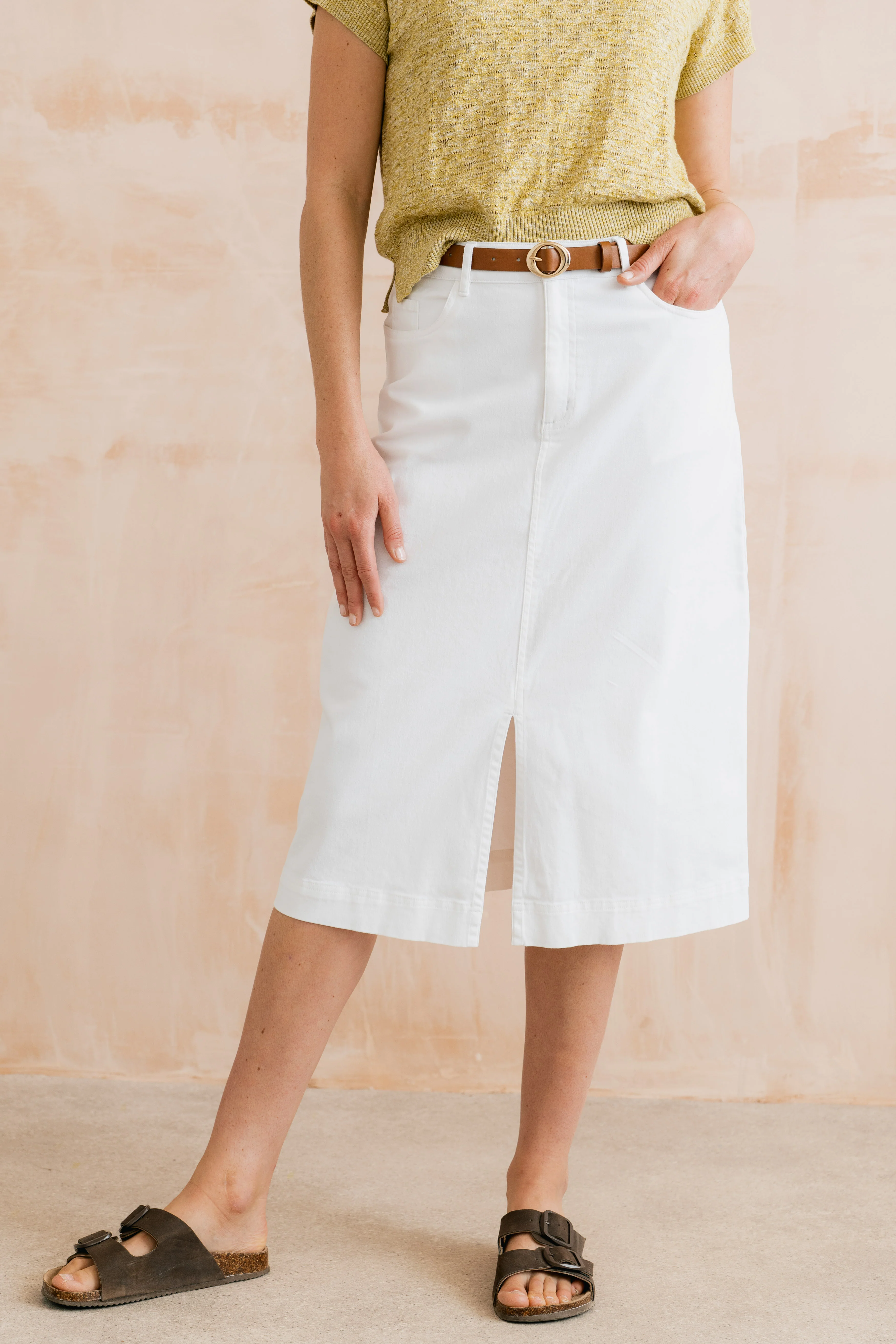 Morwenna Stretch Twill Midi Skirt White