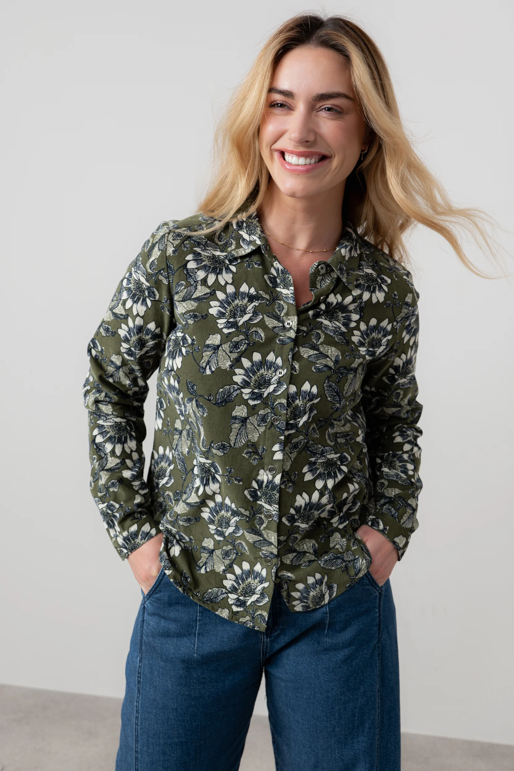 Patsy Cotton Pincord Floral Shirt Moss