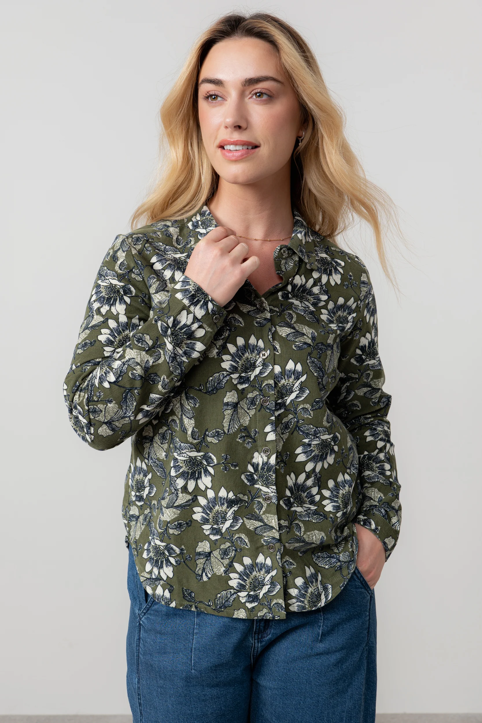 Patsy Cotton Pincord Floral Shirt Moss - Image 2