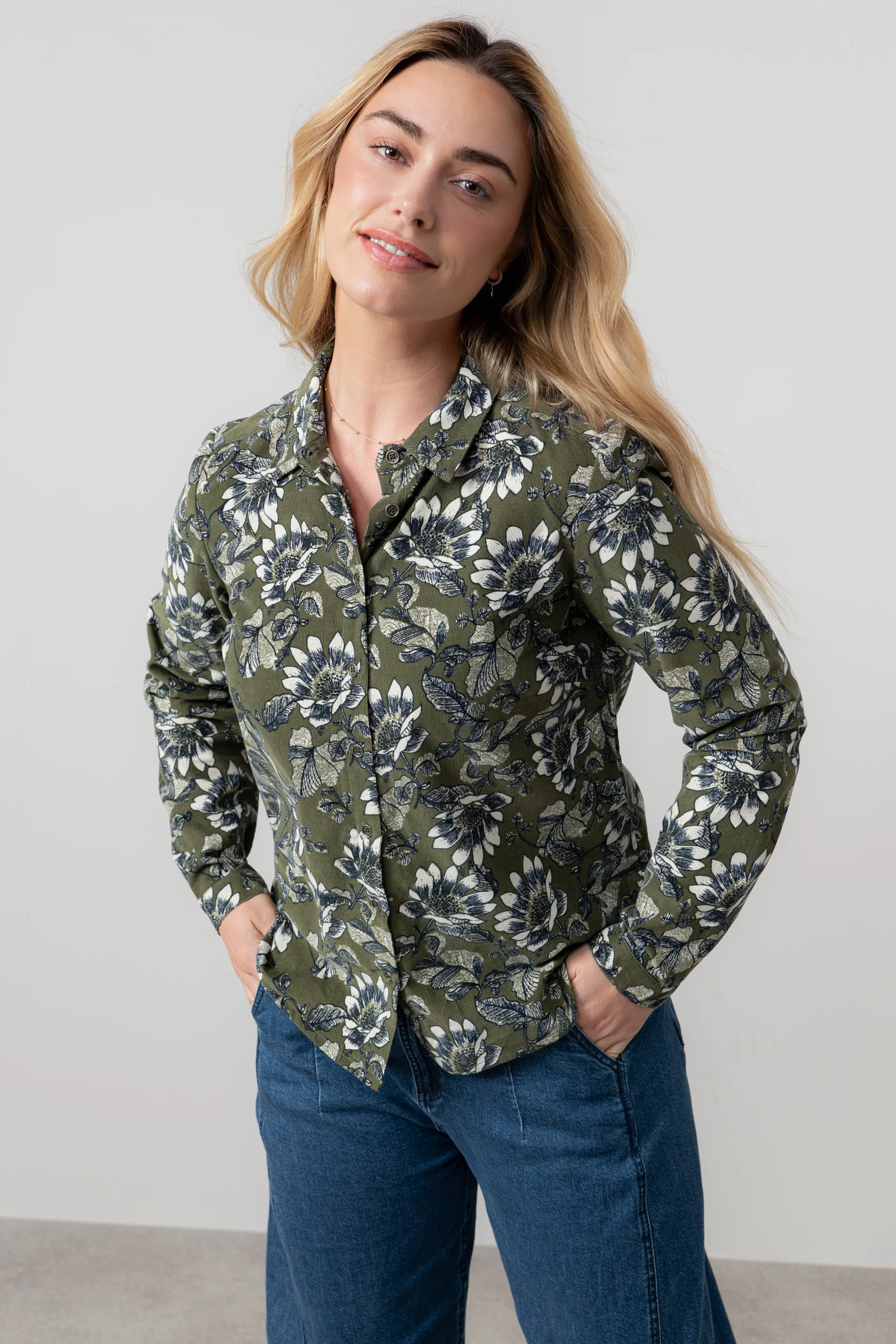 Patsy Cotton Pincord Floral Shirt Moss - Image 3