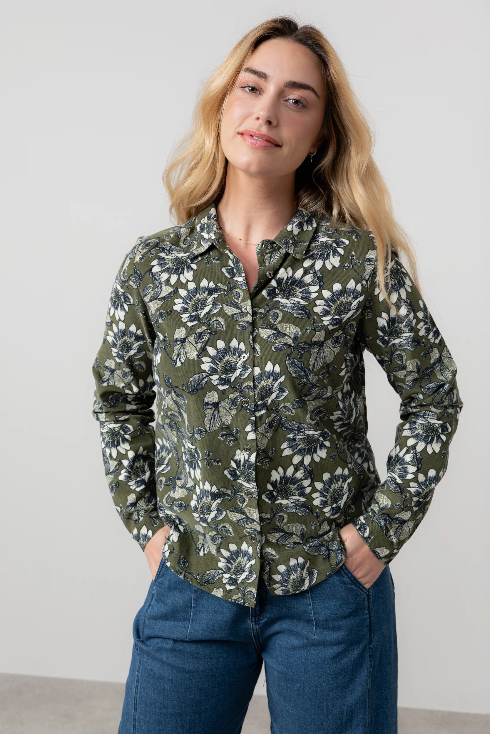 Patsy Cotton Pincord Floral Shirt Moss - Image 6
