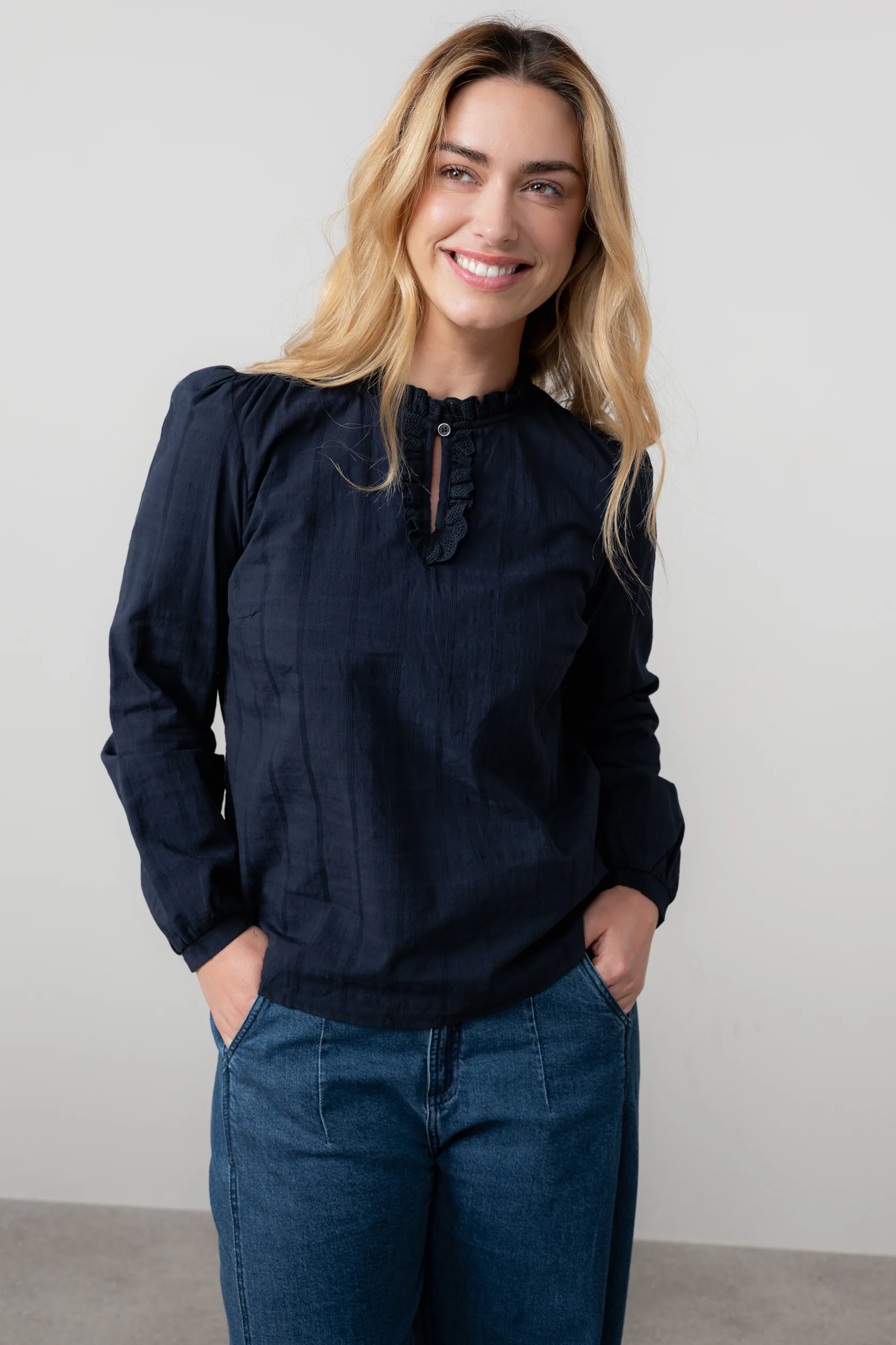 Emily Organic Cotton Check Keyhole Blouse Navy - Image 2