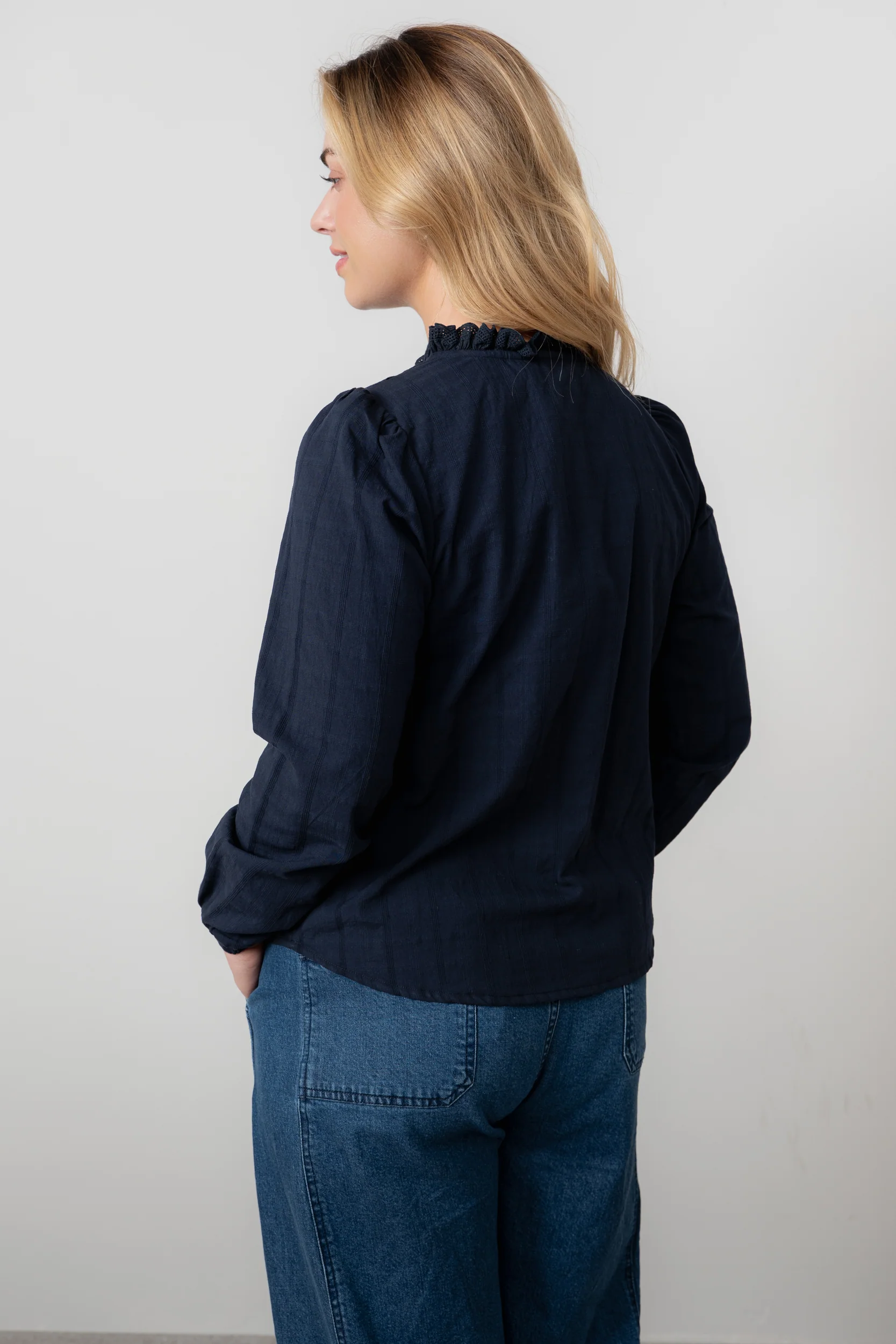 Emily Organic Cotton Check Keyhole Blouse Navy - Image 4