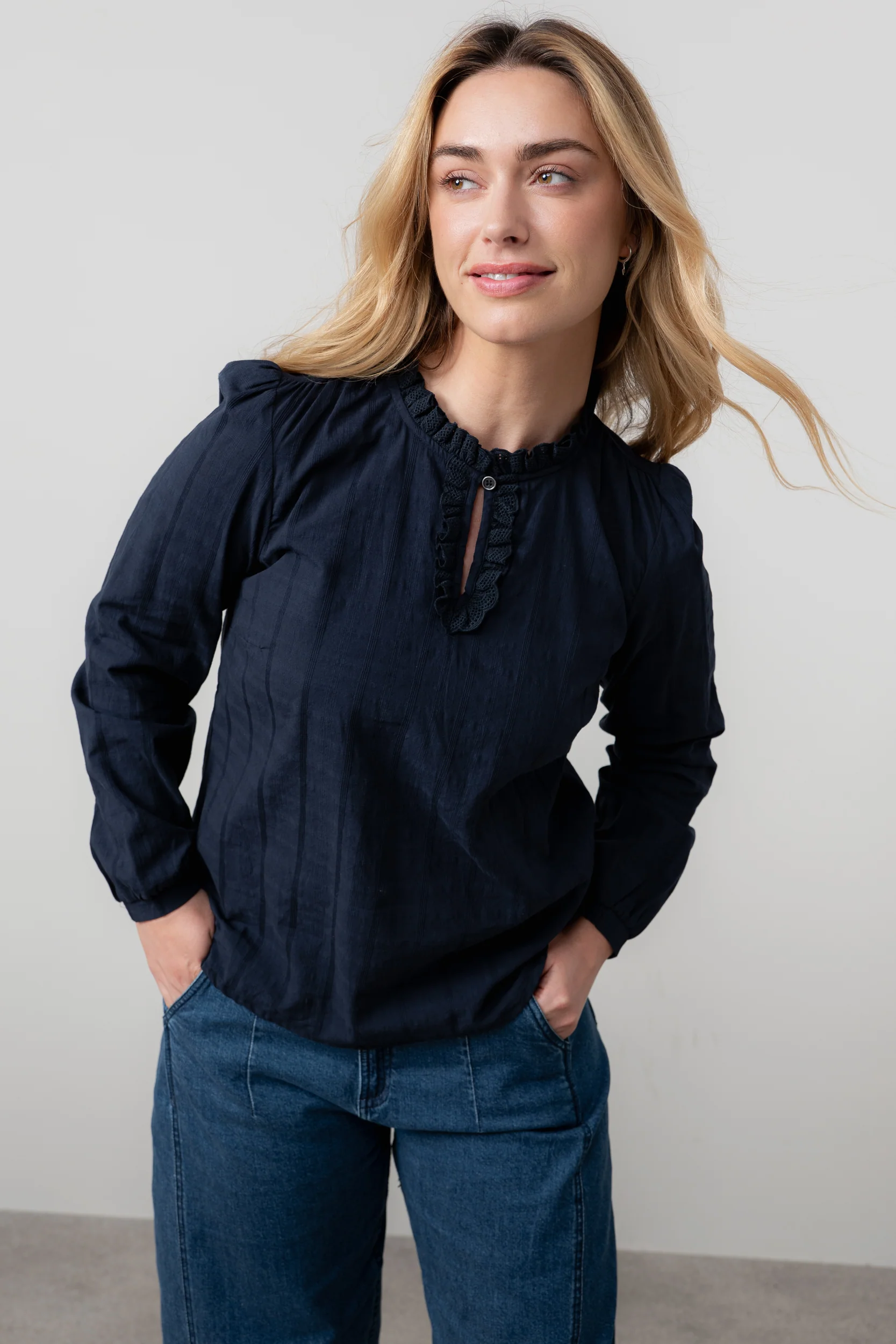 Emily Organic Cotton Check Keyhole Blouse Navy - Image 5