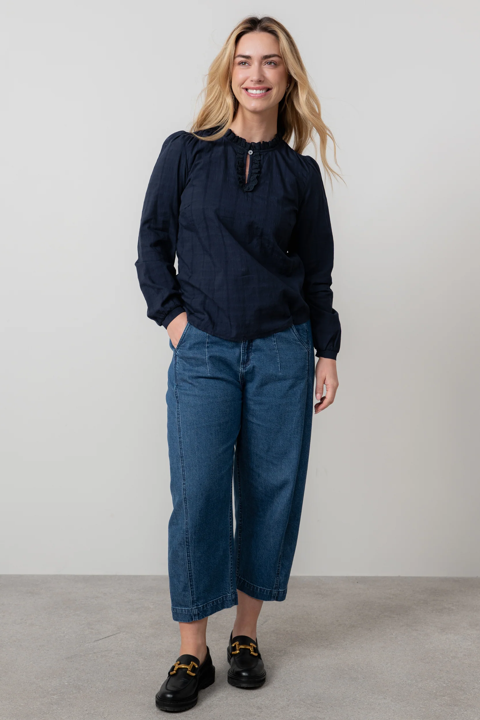 Emily Organic Cotton Check Keyhole Blouse Navy - Image 6
