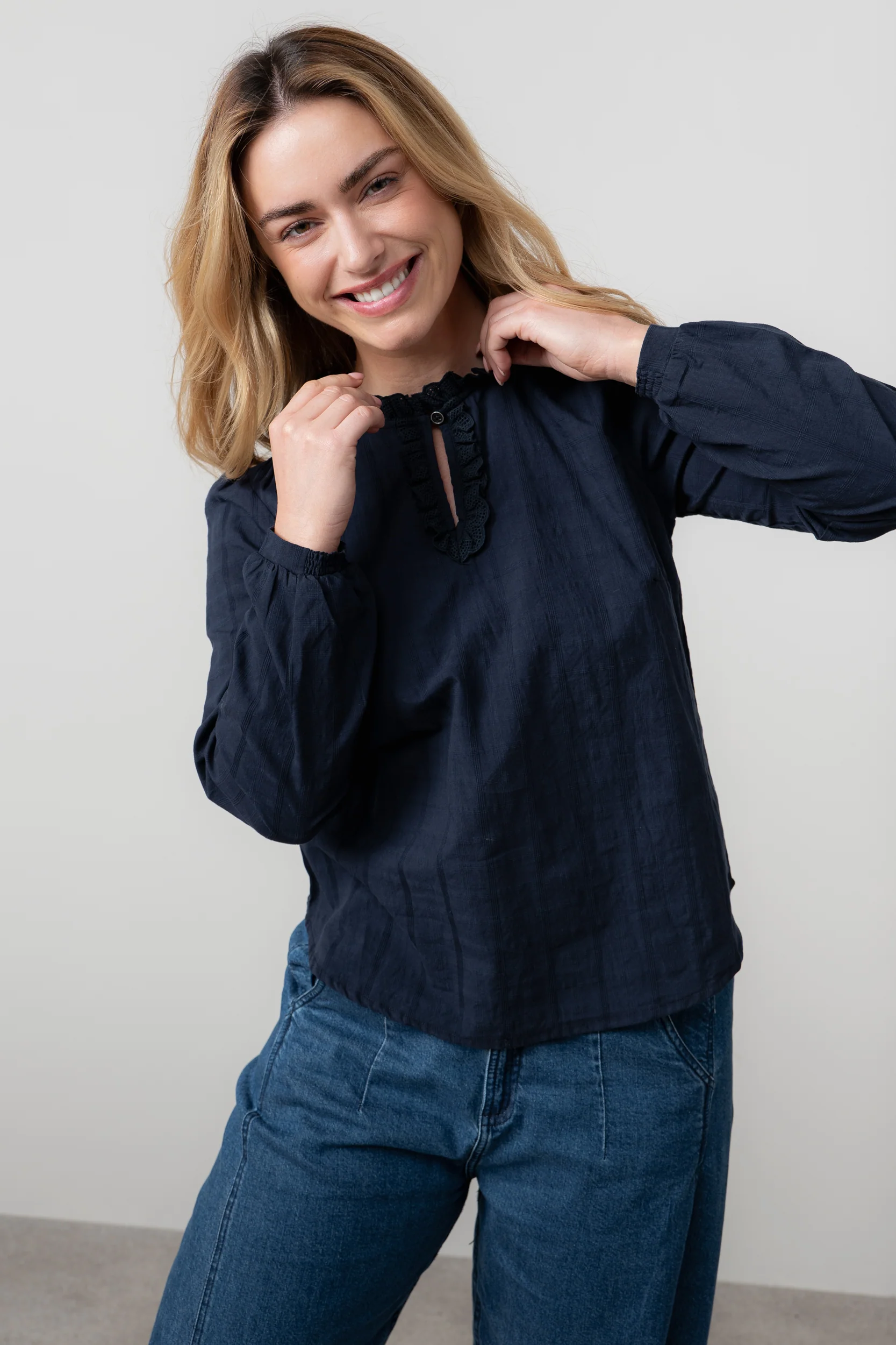 Emily Organic Cotton Check Keyhole Blouse Navy - Image 7