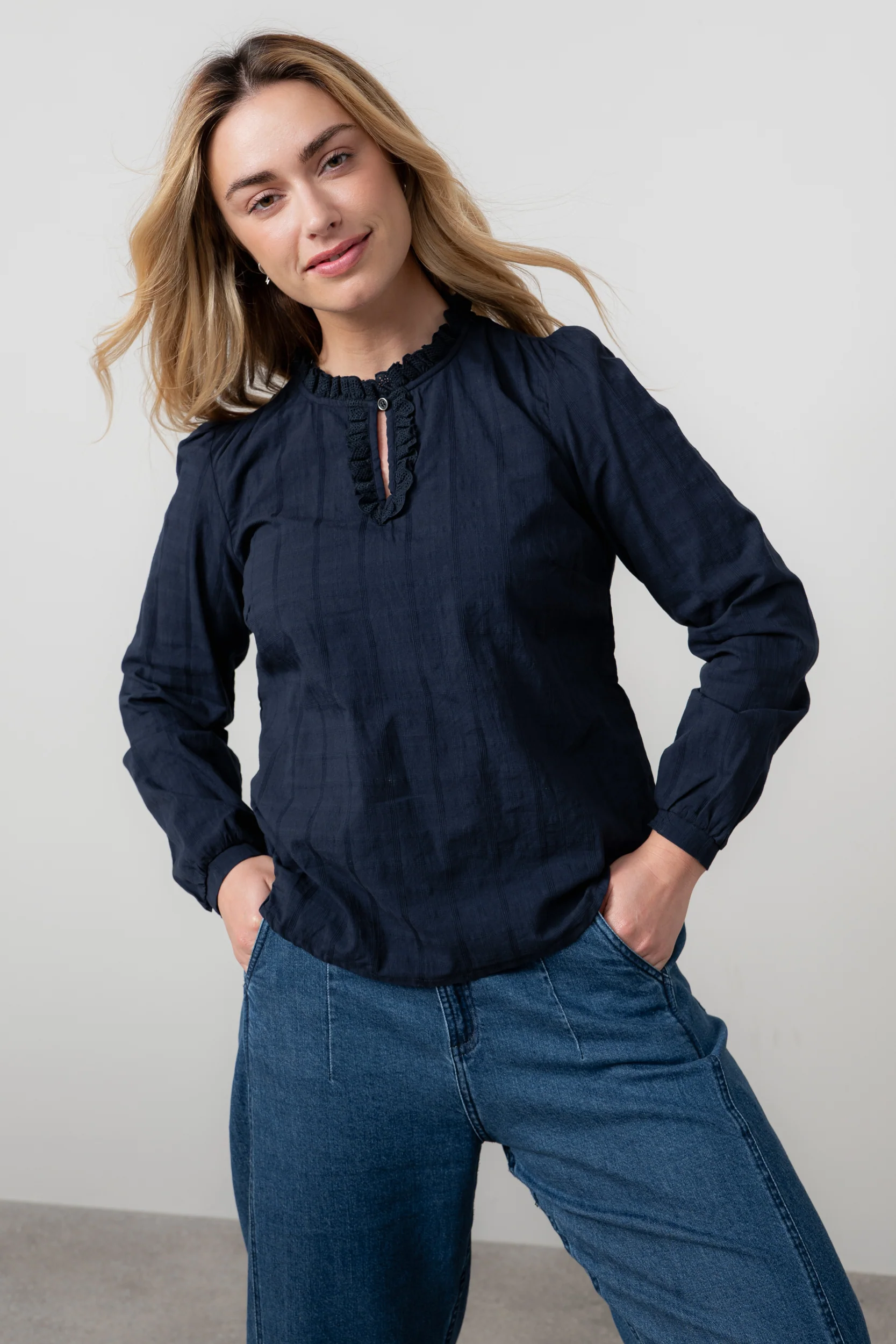 Emily Organic Cotton Check Keyhole Blouse Navy - Image 8