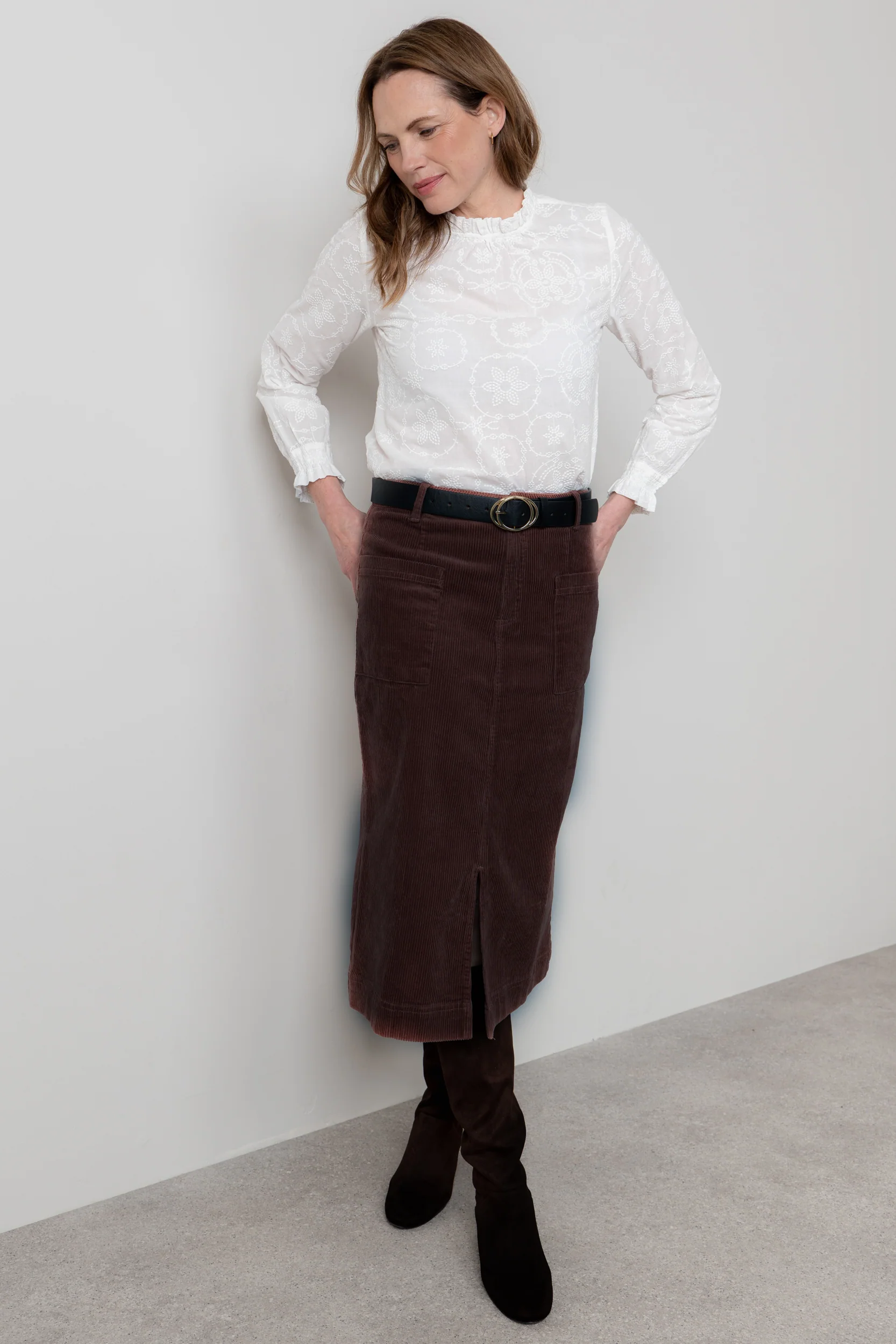 Penrose Stretch Jumbo Cord Midi Skirt Chocolate - Image 3