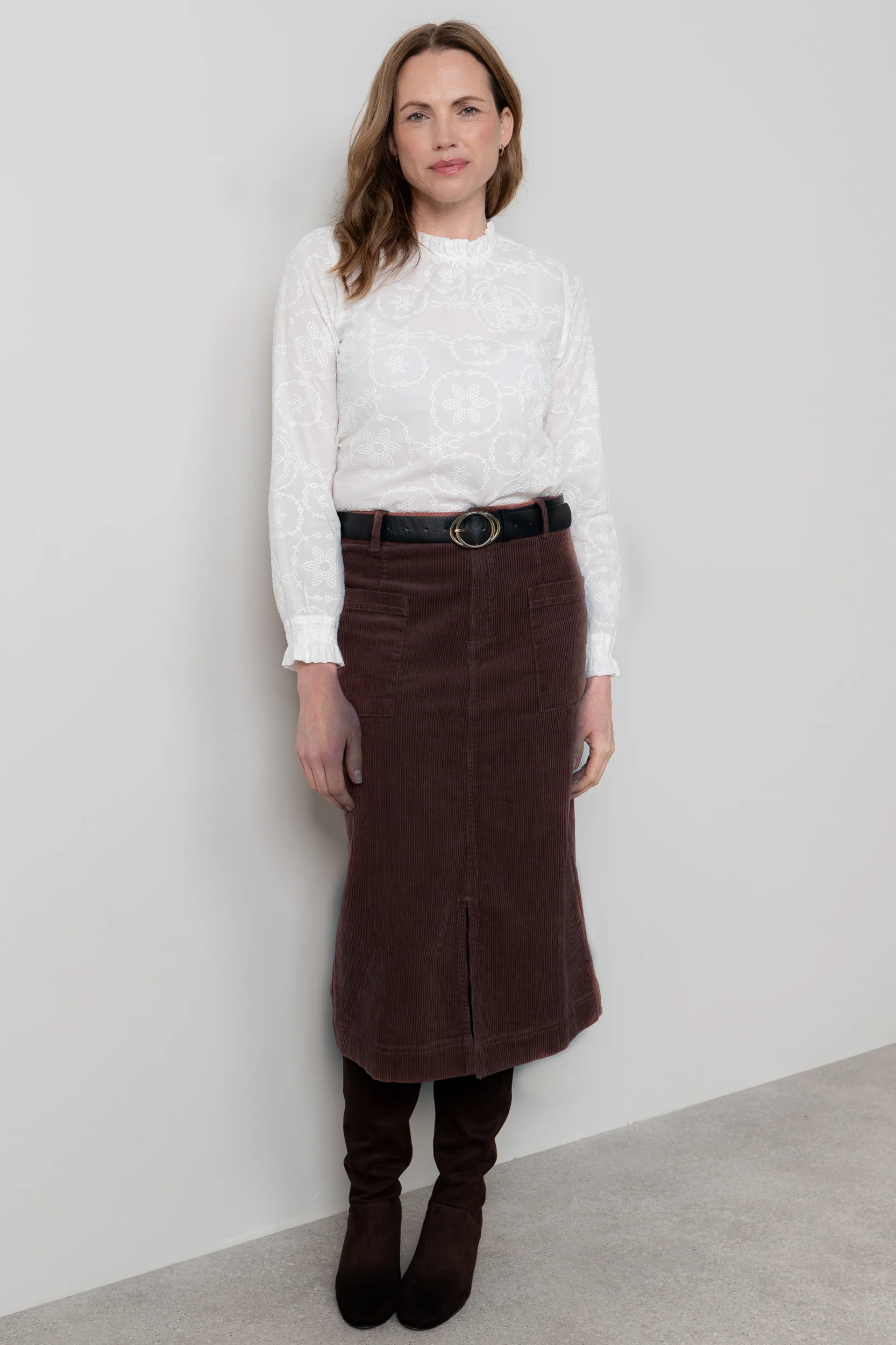 Penrose Stretch Jumbo Cord Midi Skirt Chocolate - Image 5