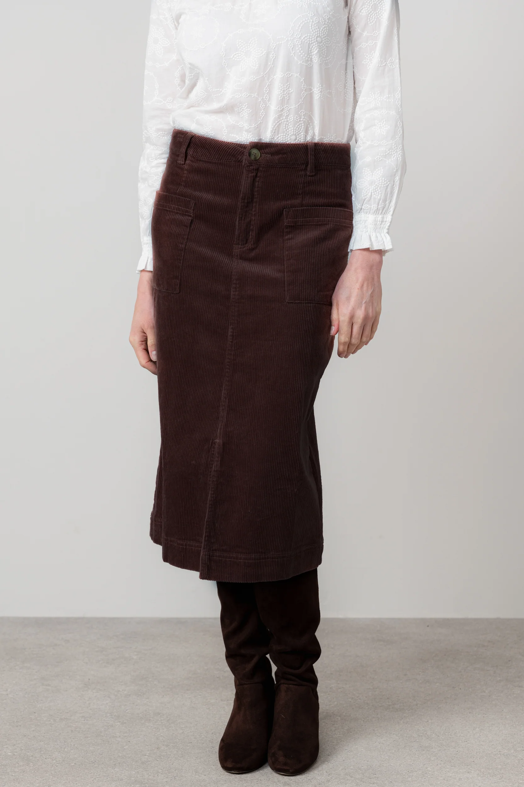 Penrose Stretch Jumbo Cord Midi Skirt Chocolate - Image 6