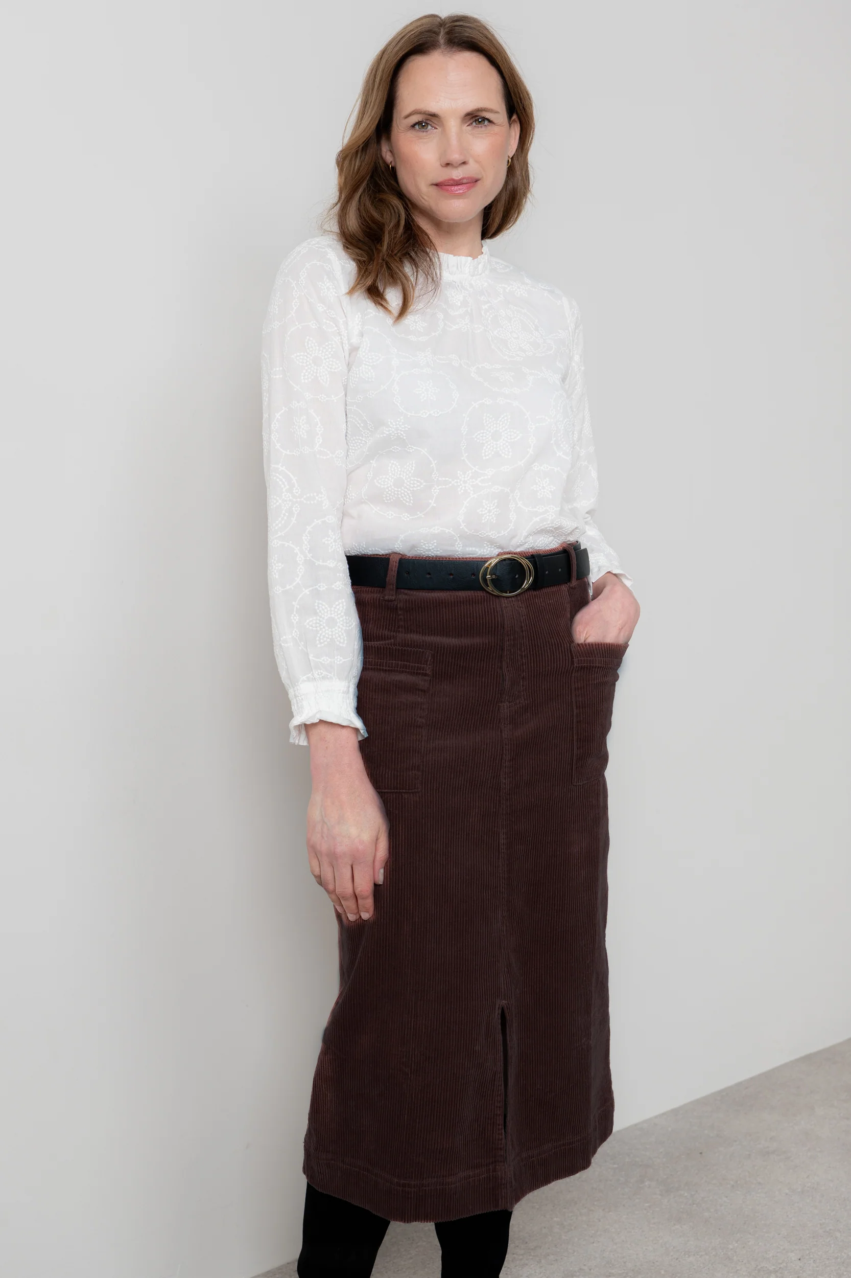 Penrose Stretch Jumbo Cord Midi Skirt Chocolate - Image 7