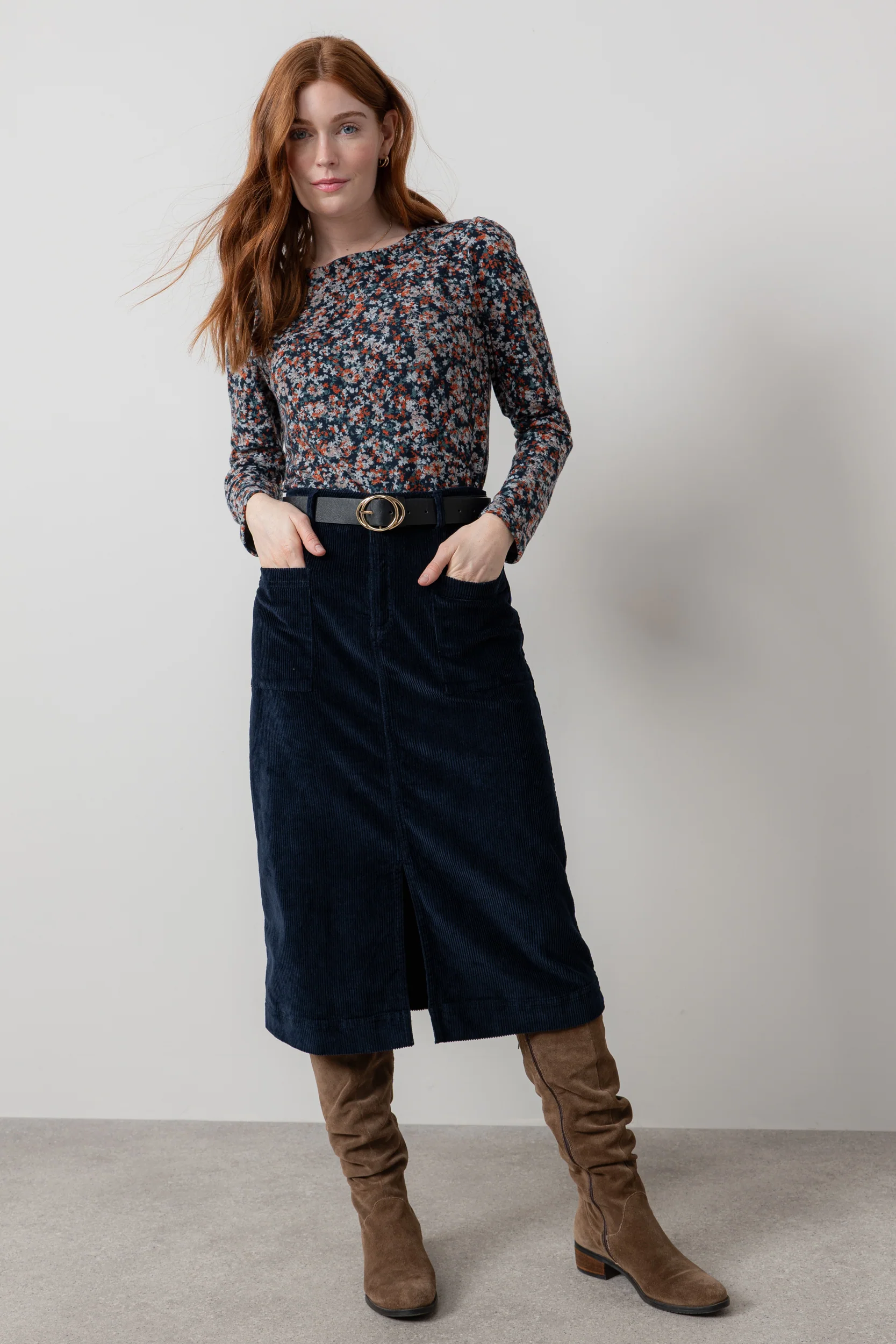 Penrose Stretch Jumbo Cord Midi Skirt Navy - Image 5