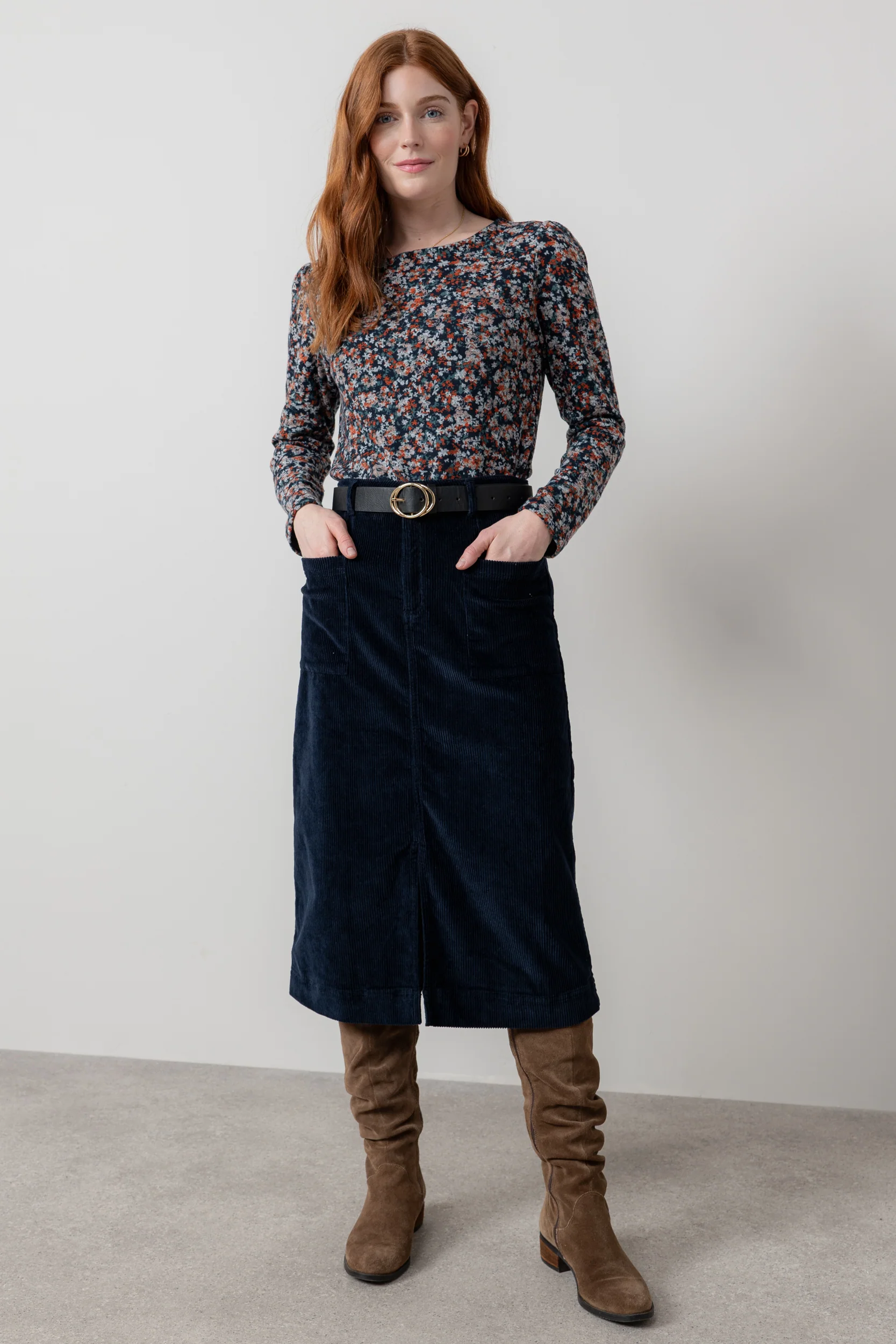 Penrose Stretch Jumbo Cord Midi Skirt Navy - Image 6