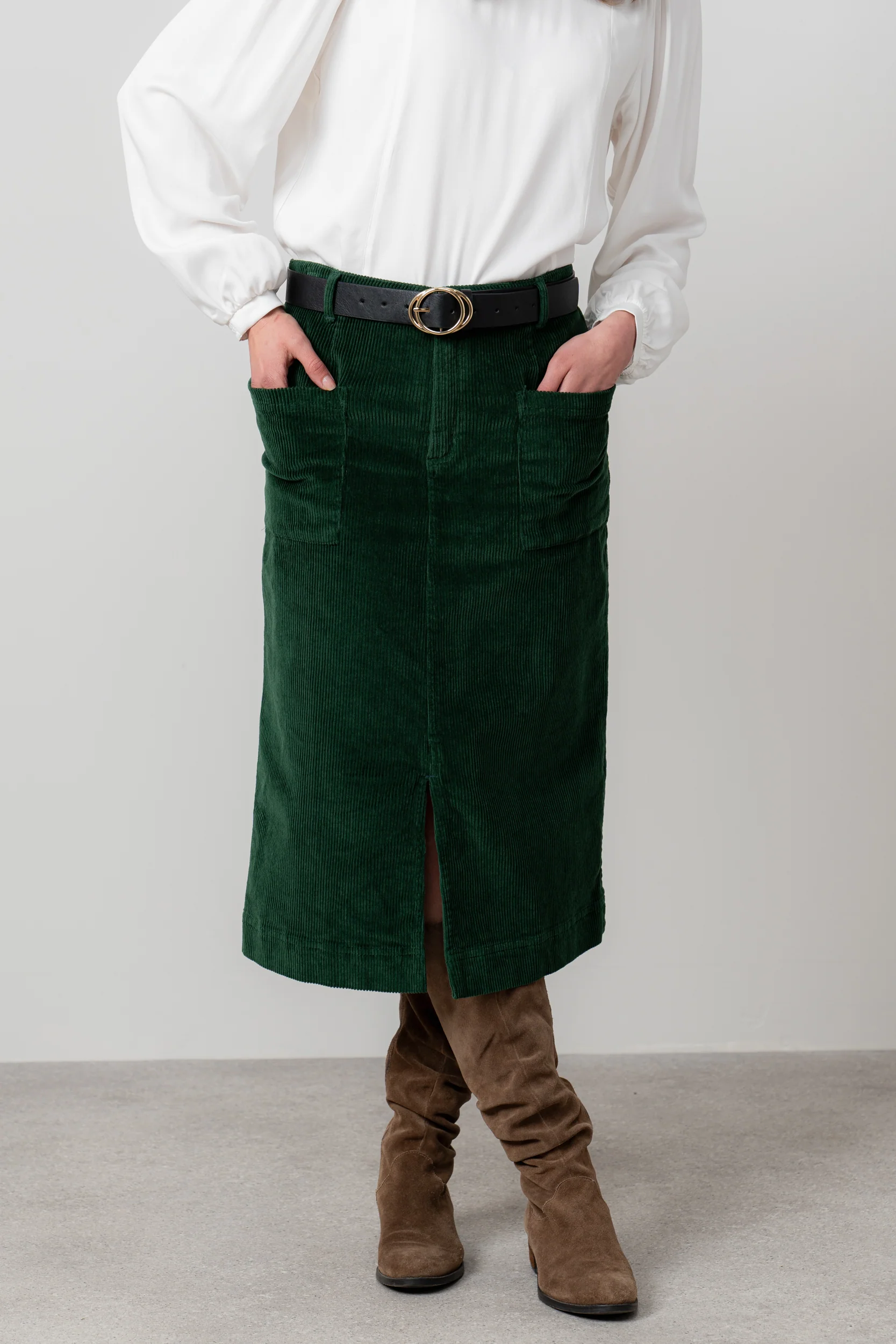 Penrose Stretch Jumbo Cord Midi Skirt Pine Green