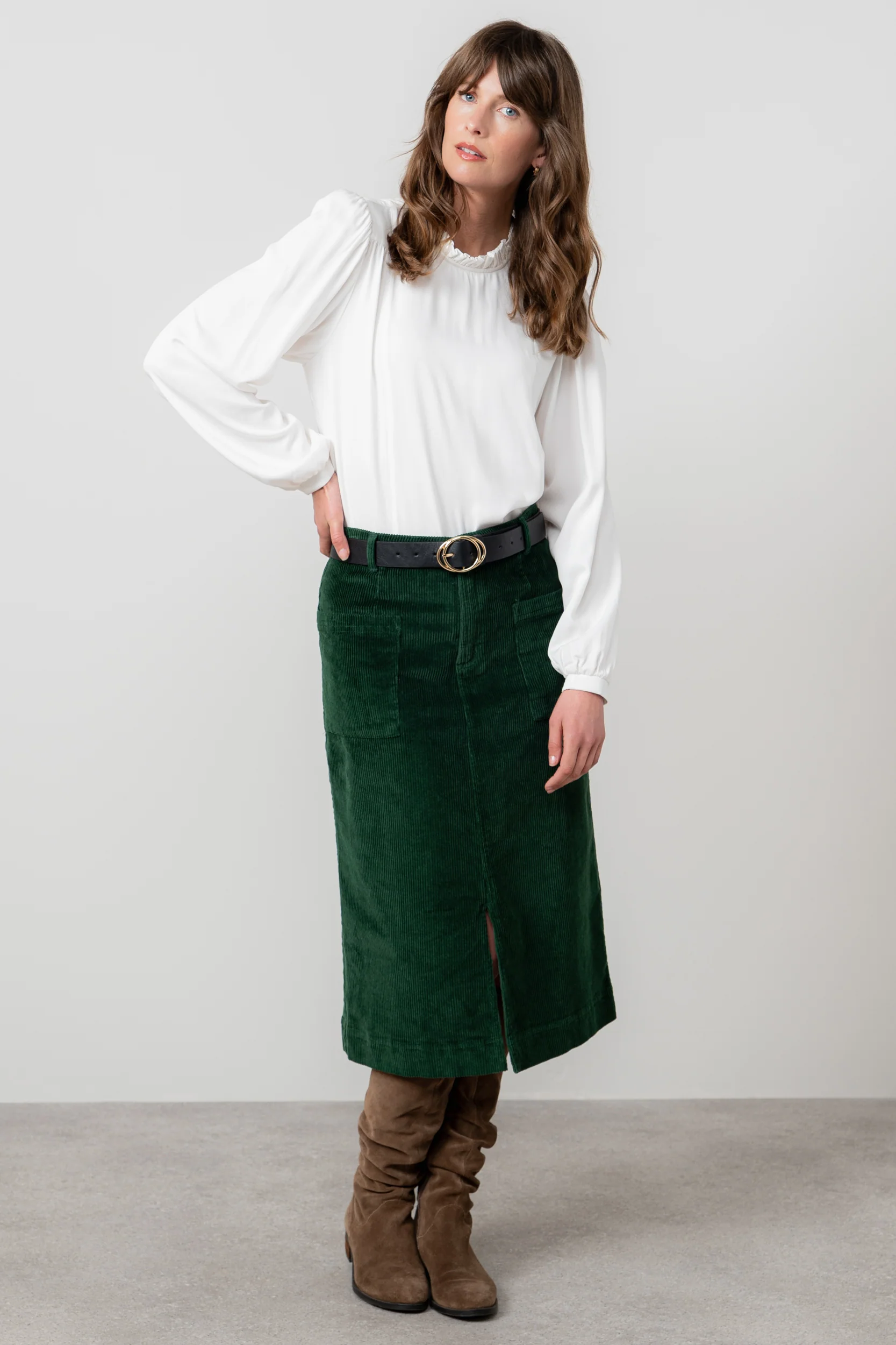 Penrose Stretch Jumbo Cord Midi Skirt Pine Green - Image 2