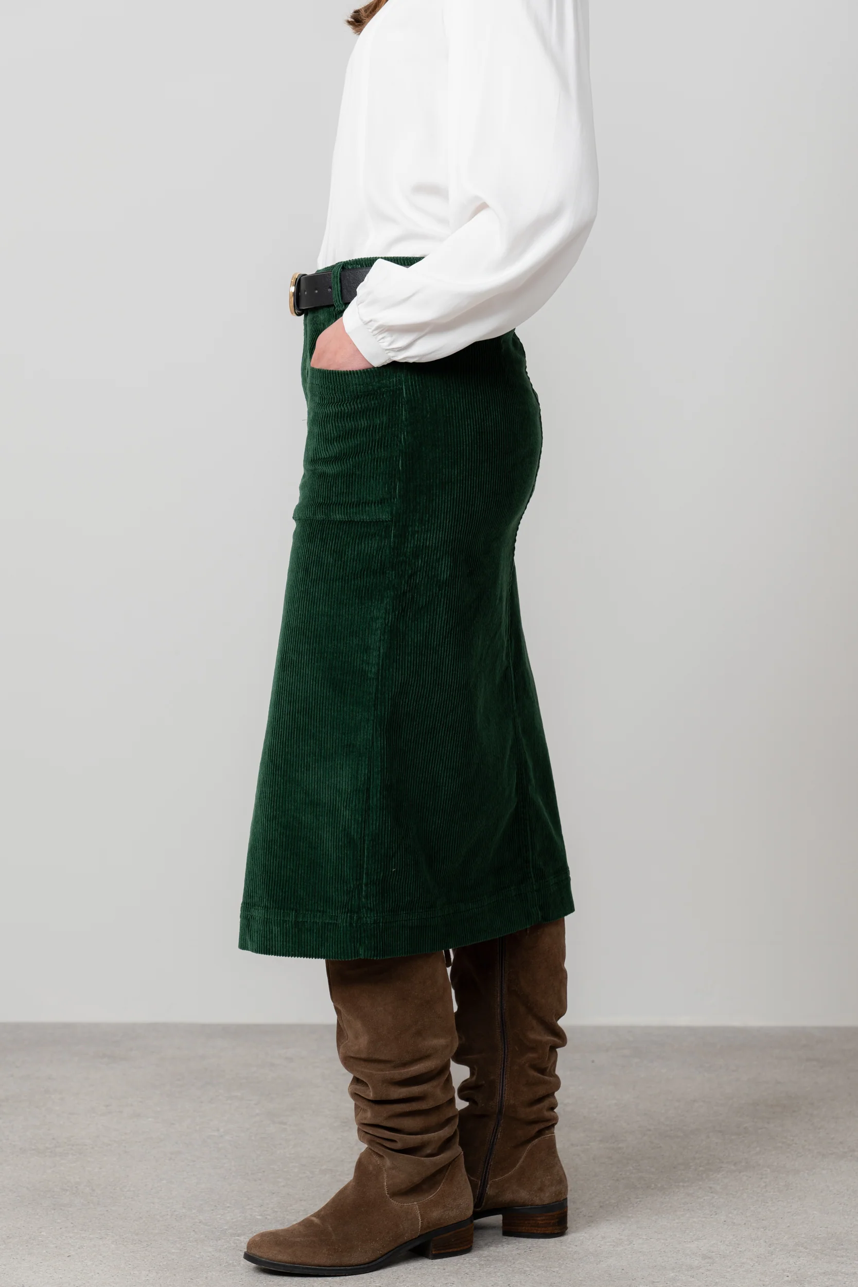 Penrose Stretch Jumbo Cord Midi Skirt Pine Green - Image 3