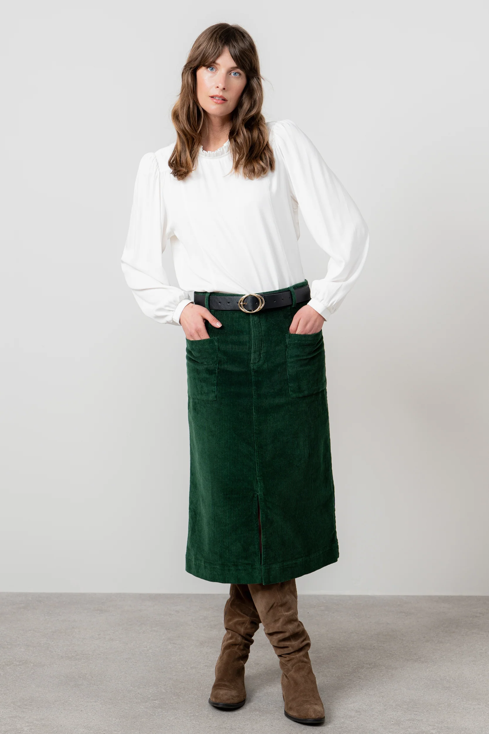 Penrose Stretch Jumbo Cord Midi Skirt Pine Green - Image 5
