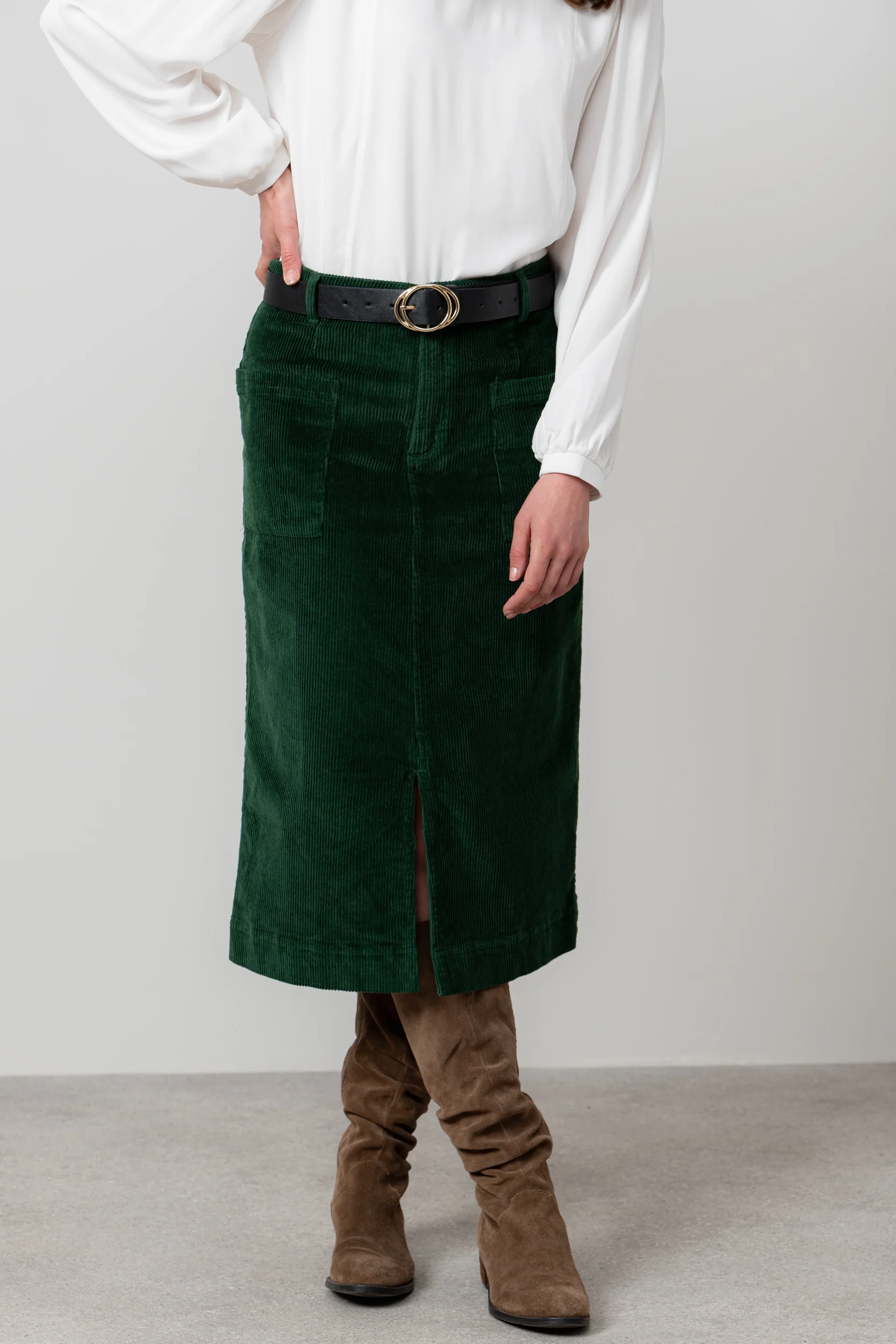 Penrose Stretch Jumbo Cord Midi Skirt Pine Green - Image 6