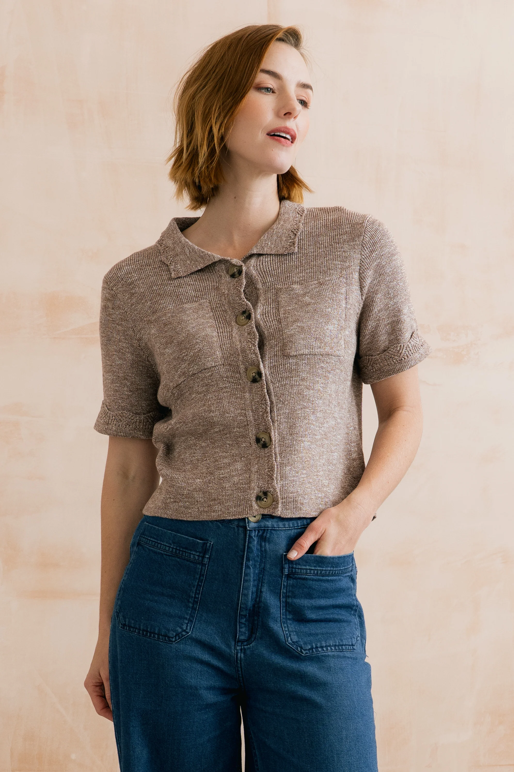 Phoebe Short Sleeve Knitted Jacket Mocha - Image 3