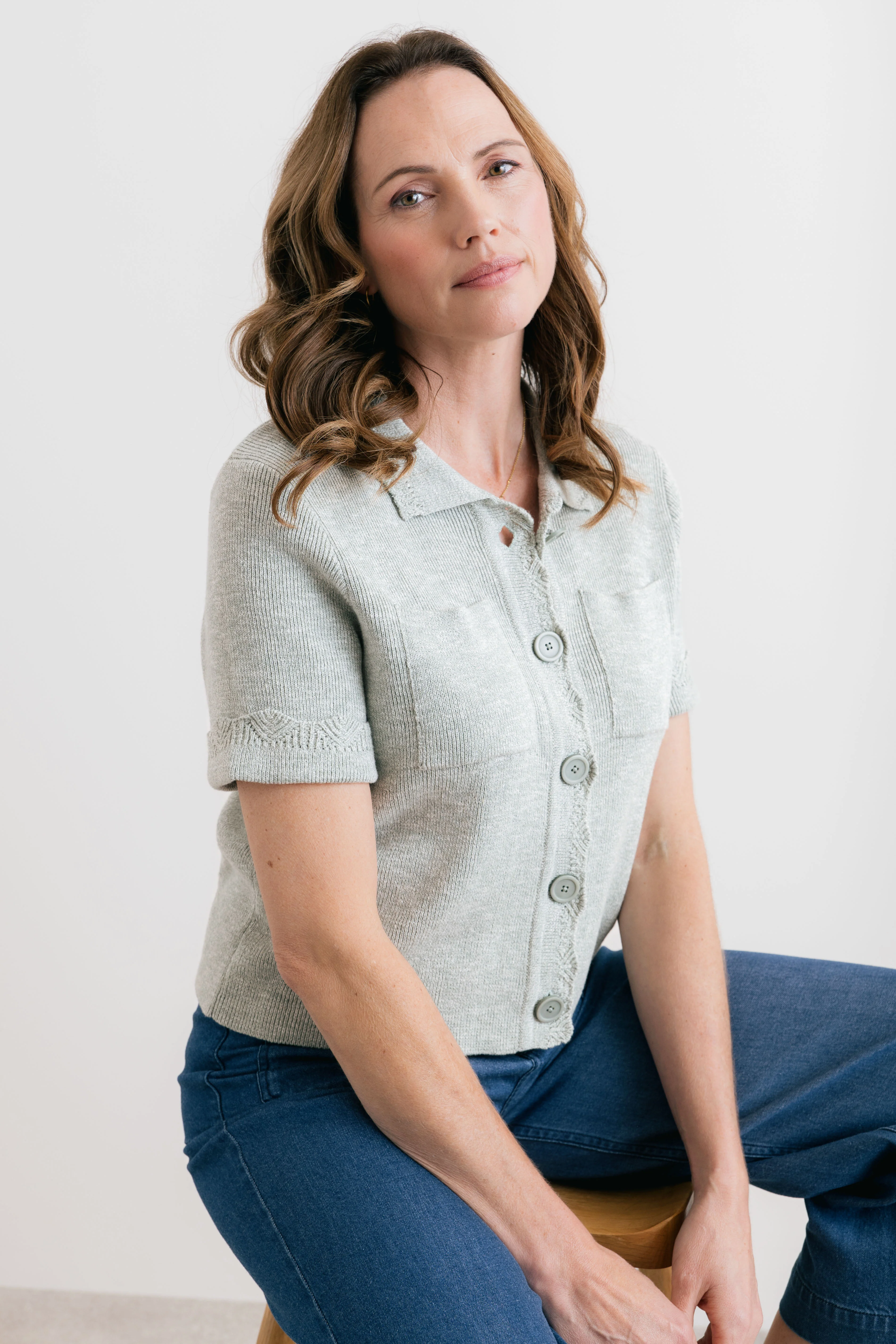Phoebe Short Sleeve Knitted Jacket Silver Sage - Image 6