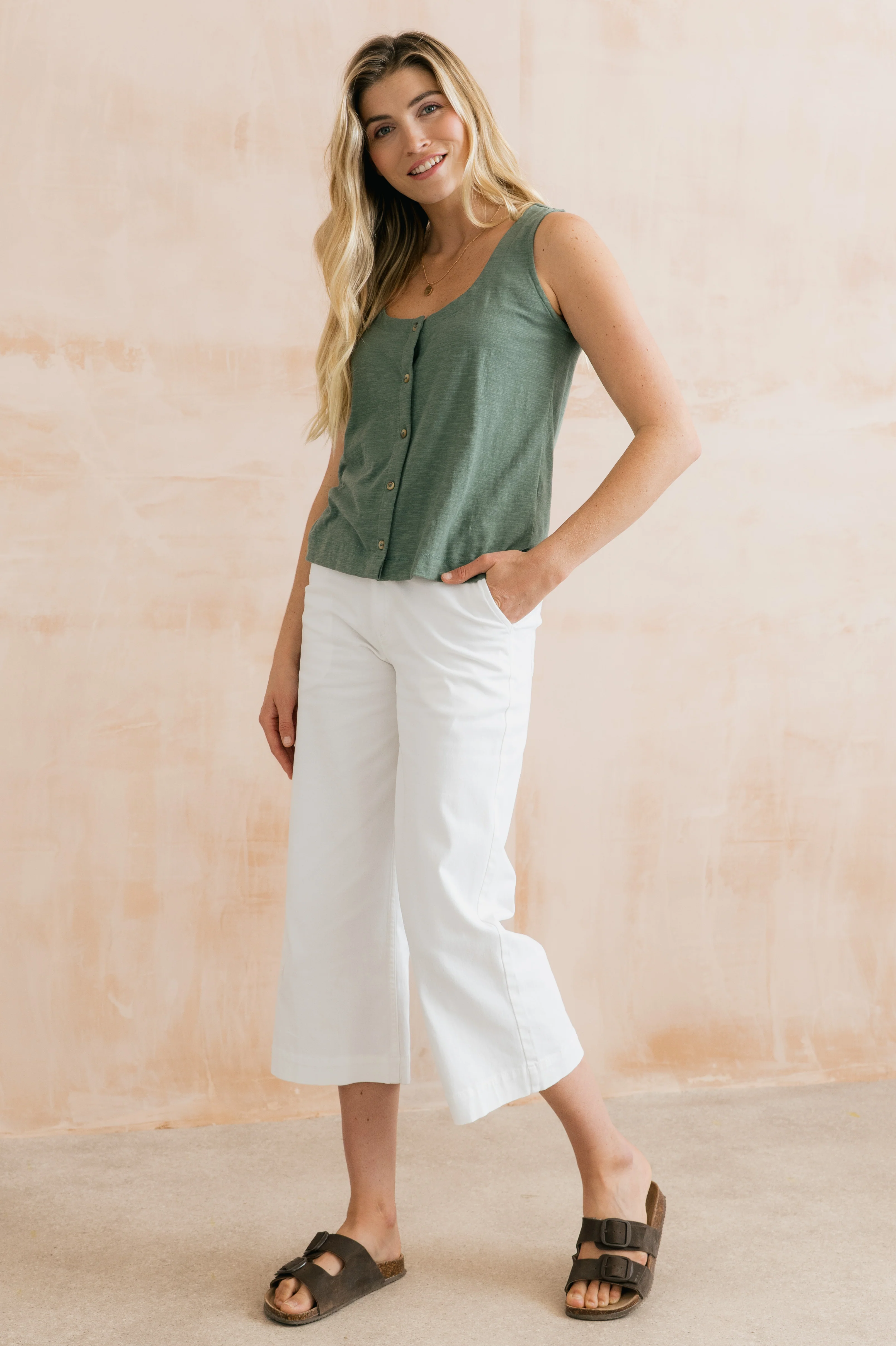 Pier Organic Cotton Jersey Button Vest Laurel Green - Image 2