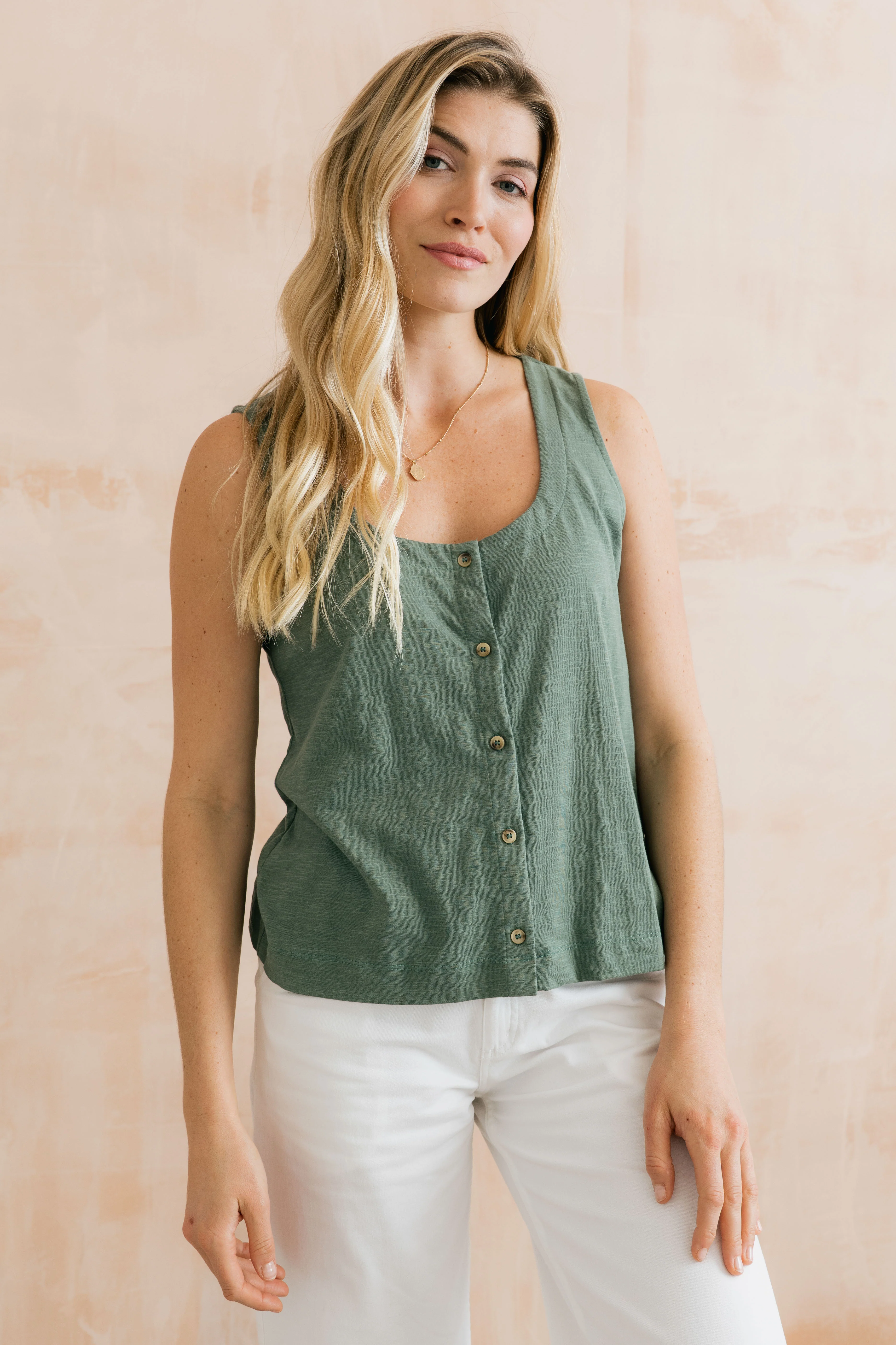 Pier Organic Cotton Jersey Button Vest Laurel Green - Image 6
