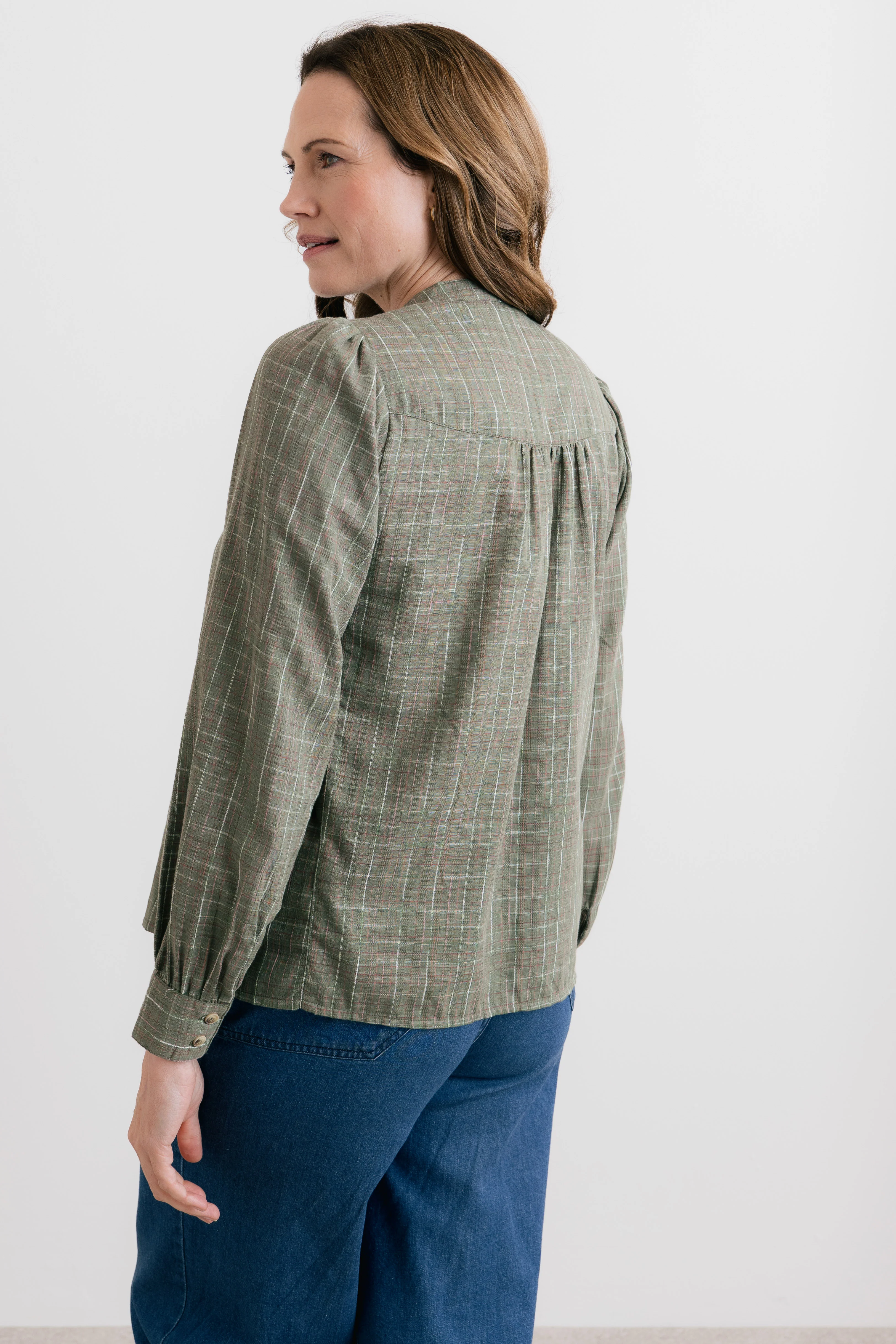 Poplar Organic Cotton Checked Blouse Green - Image 5