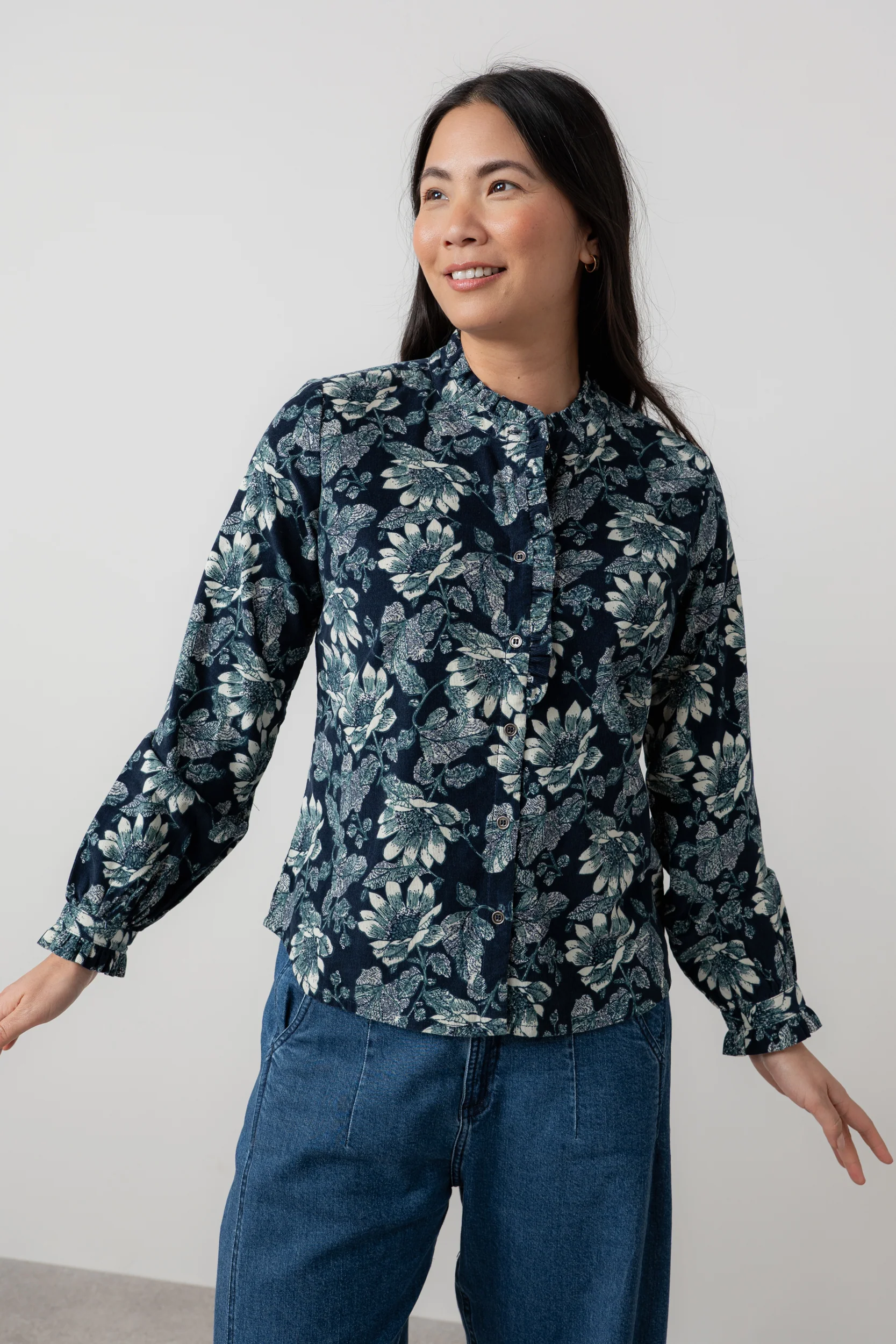 Rachel Cotton Pincord Frill Blouse Navy - Image 2