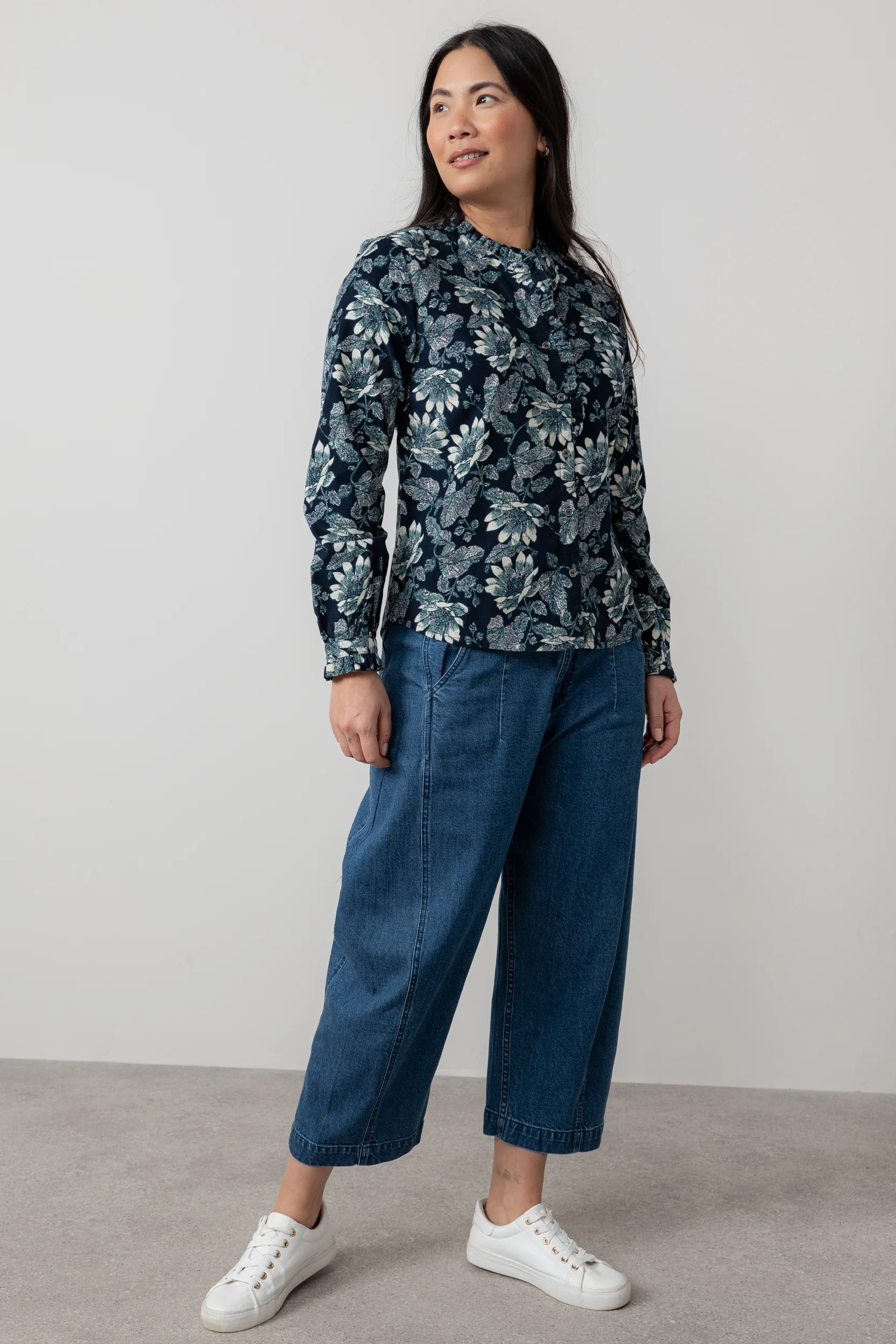 Rachel Cotton Pincord Frill Blouse Navy - Image 3