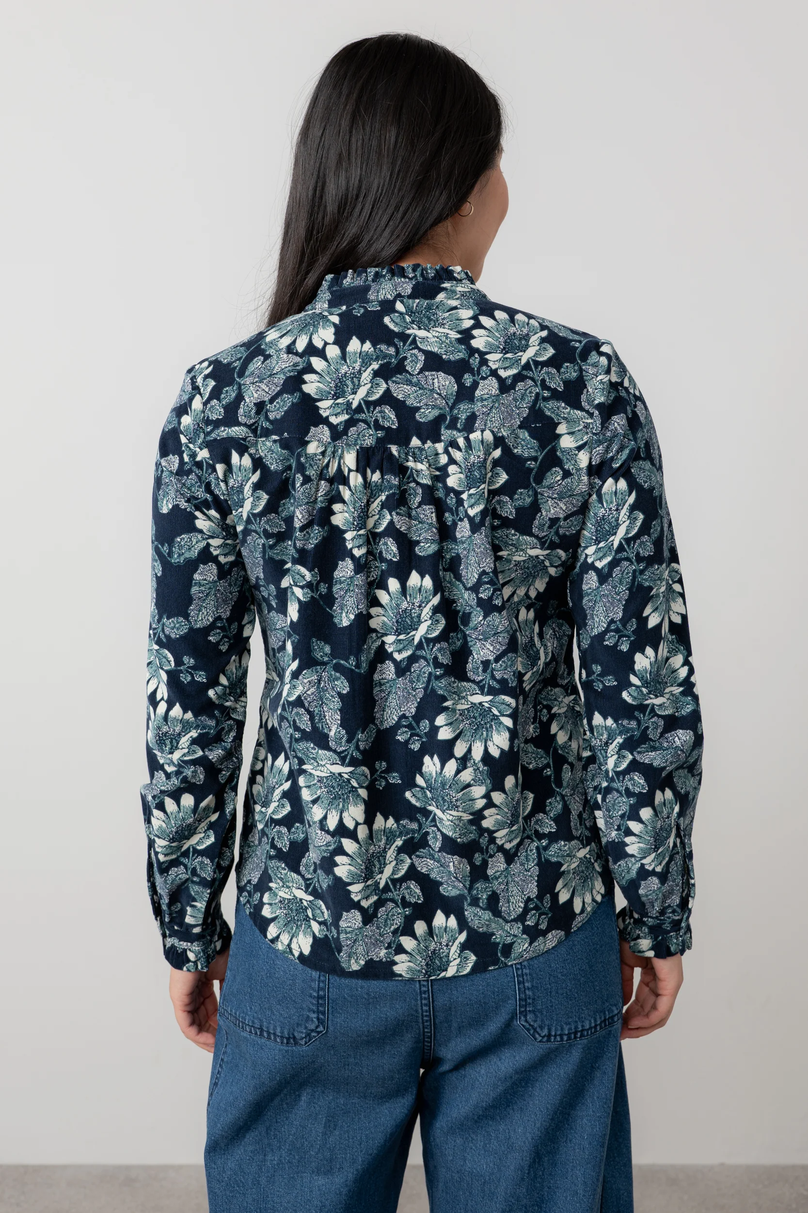 Rachel Cotton Pincord Frill Blouse Navy - Image 4