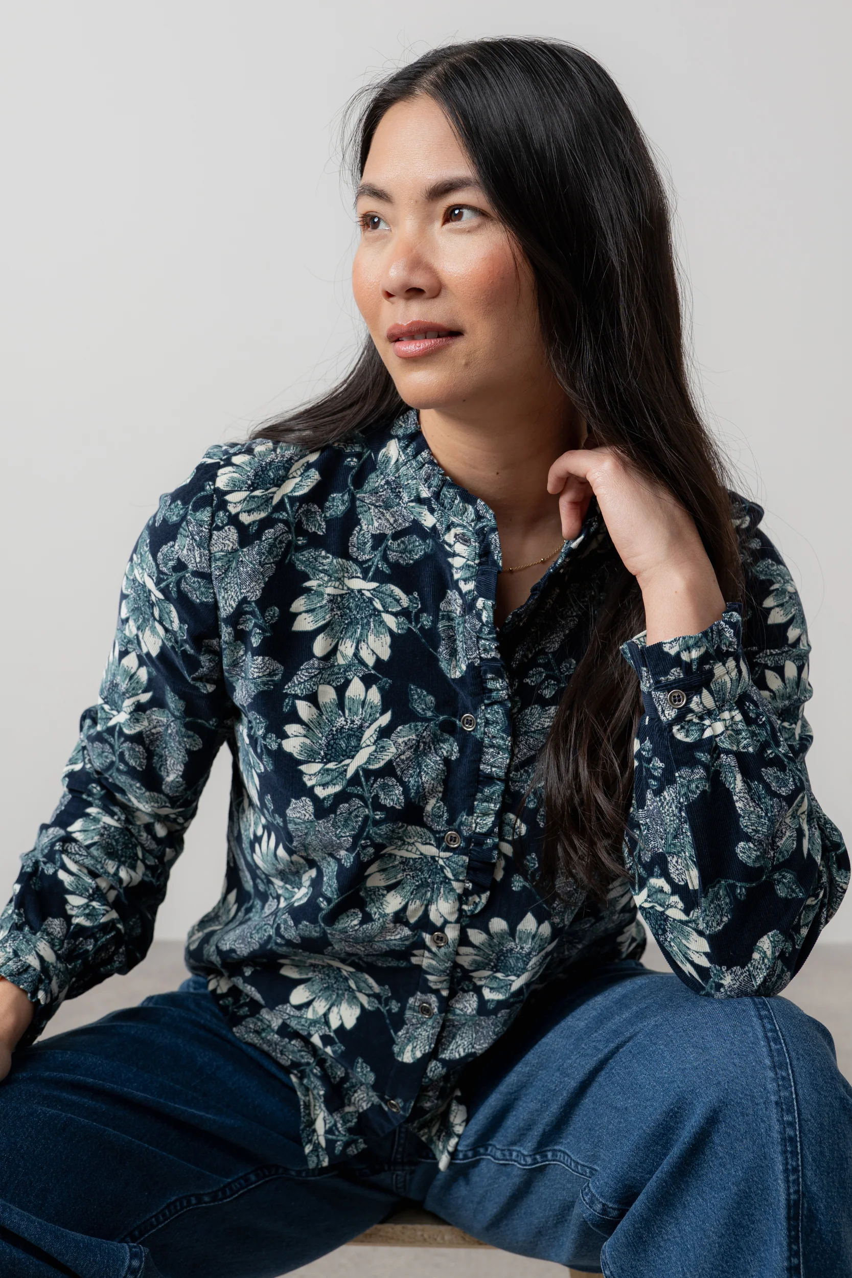 Rachel Cotton Pincord Frill Blouse Navy - Image 5