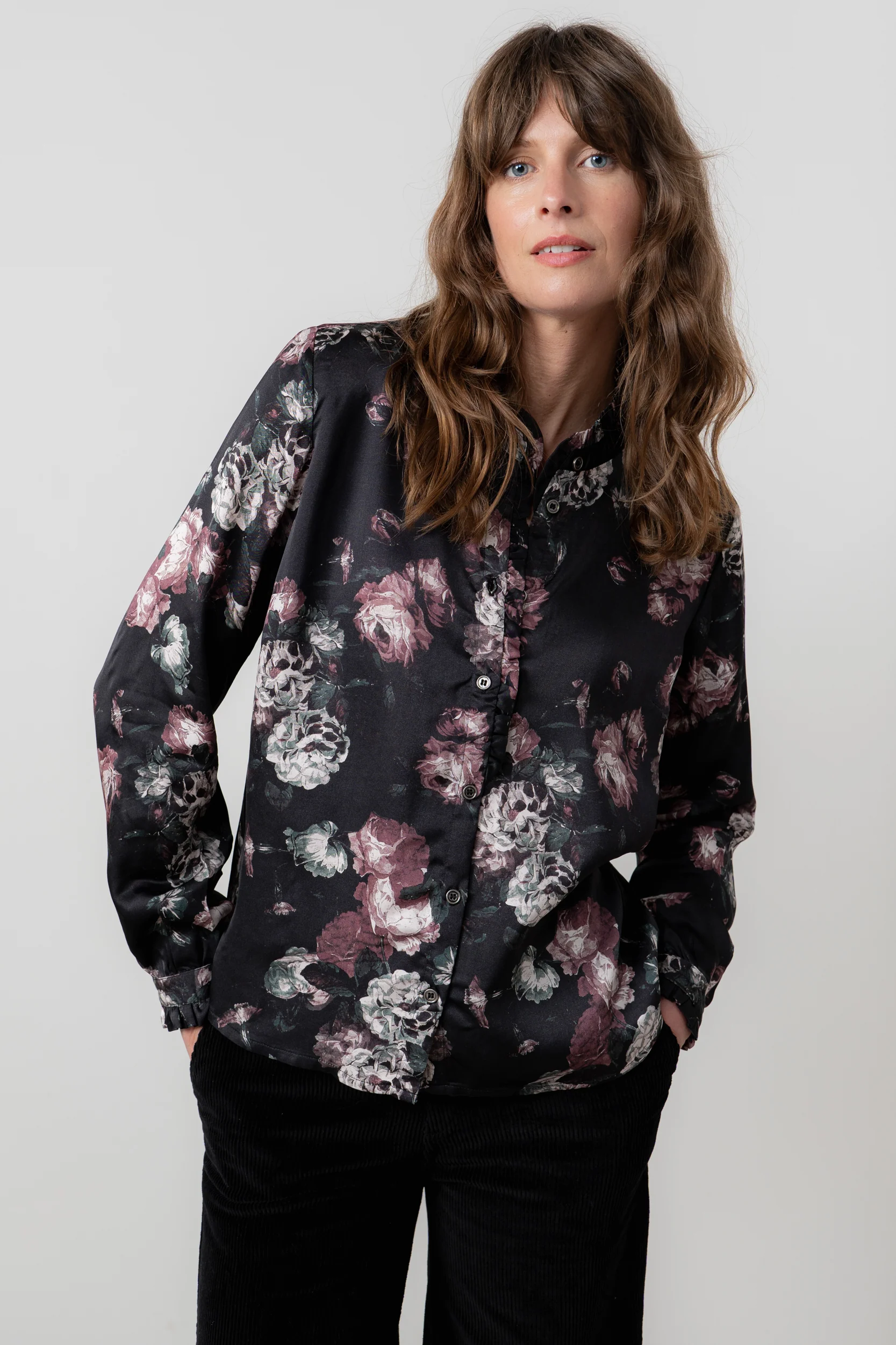 Rachel Frill Satin Floral Blouse Black - Image 3