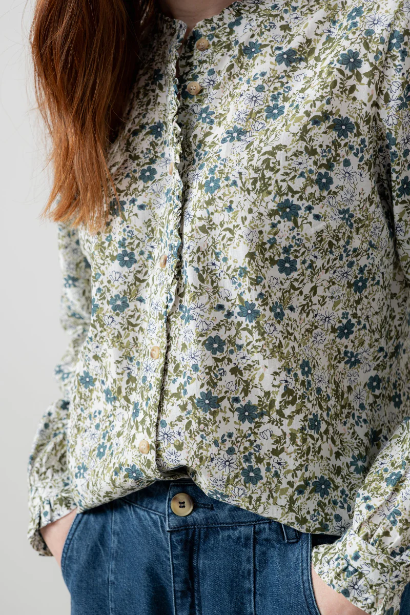 Rachel Organic Cotton Frill Blouse Moss - Image 3