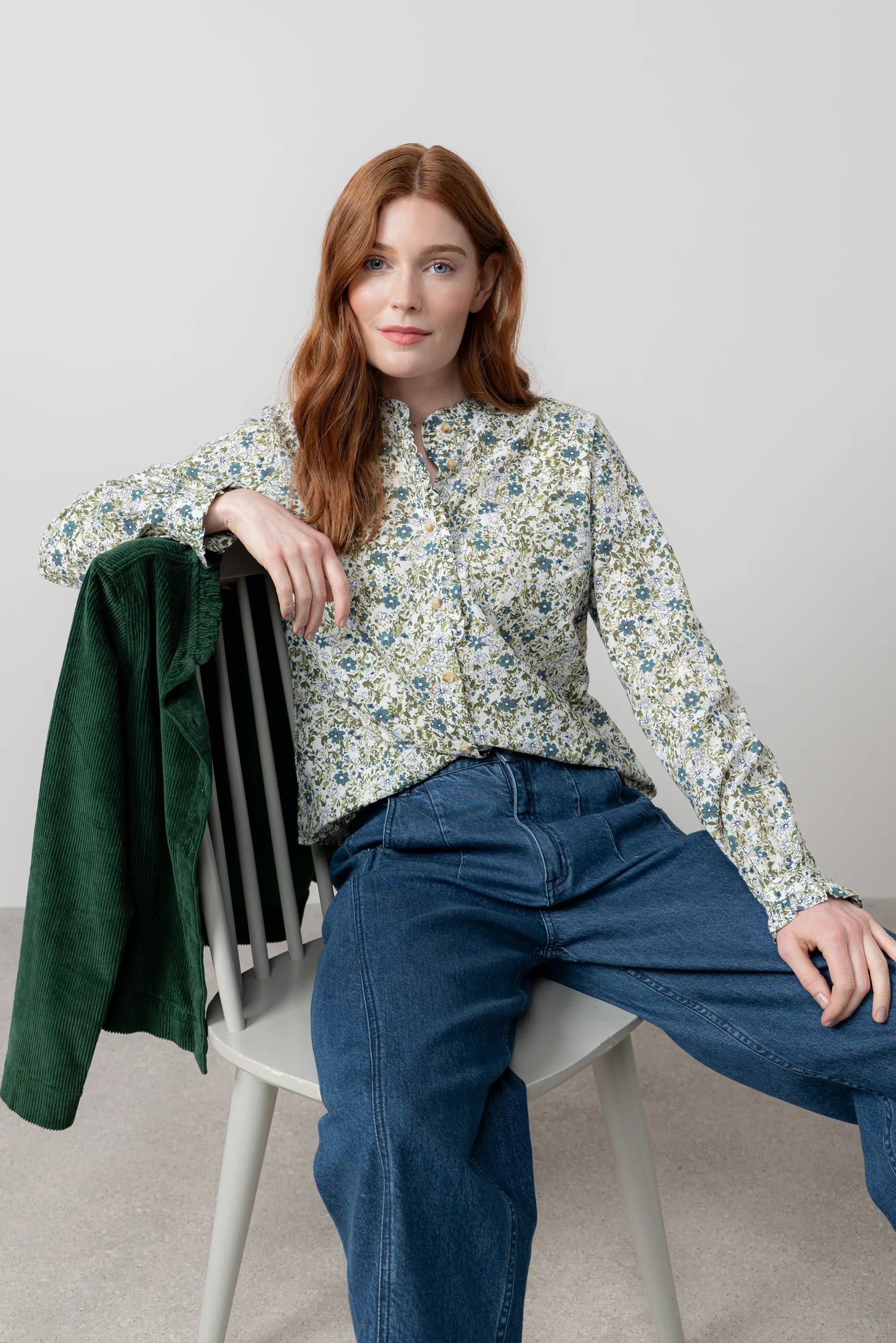 Rachel Organic Cotton Frill Blouse Moss - Image 5