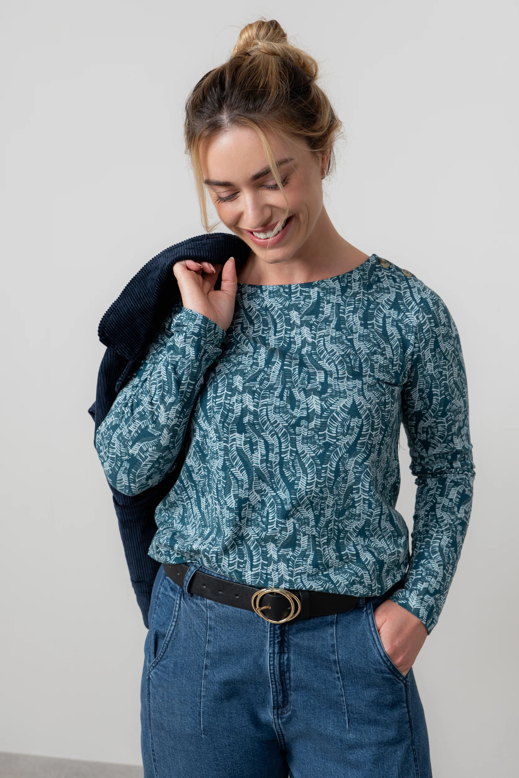 Riverside Floral Print Casual Jersey Top Petrol - Image 3