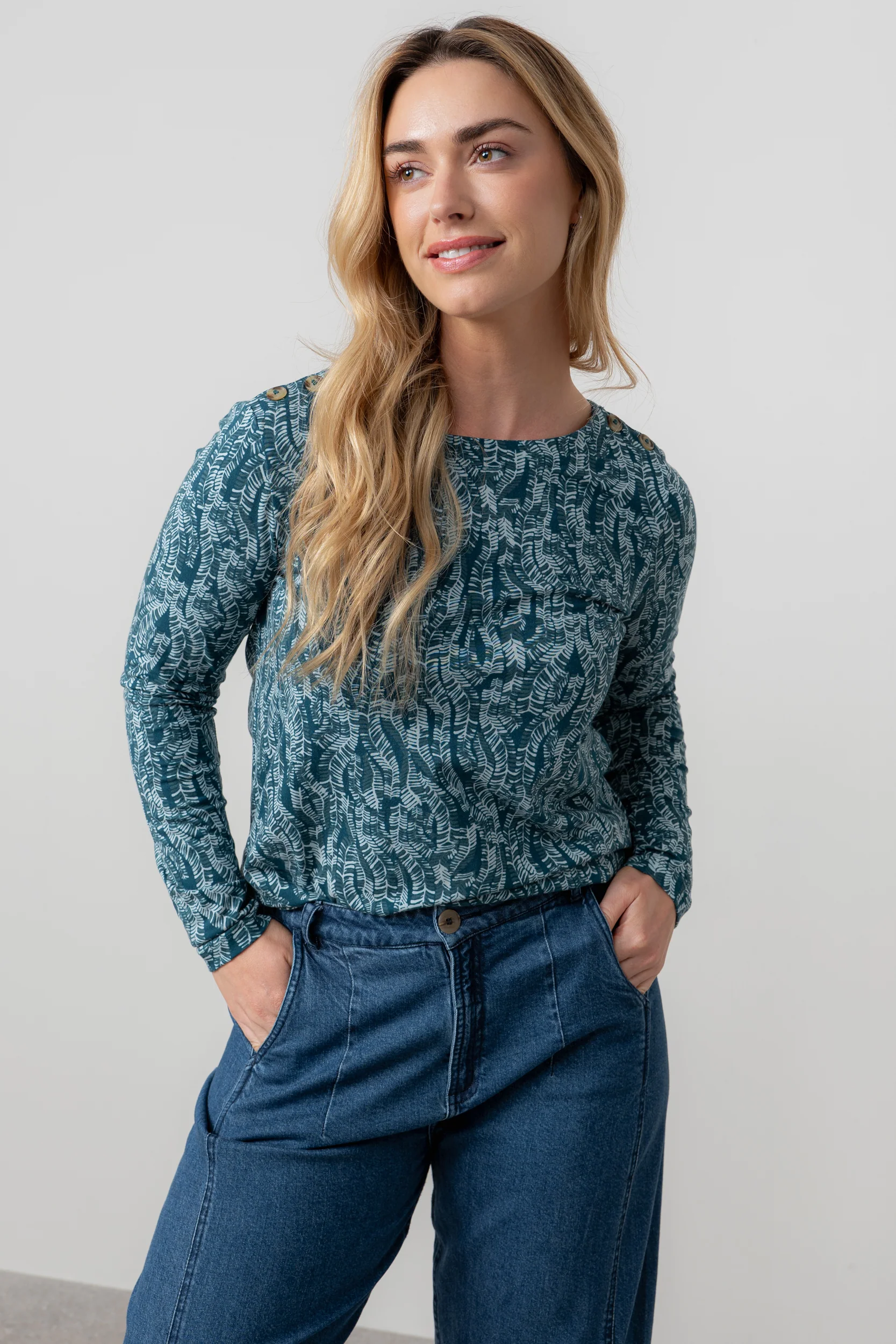 Riverside Floral Print Casual Jersey Top Petrol - Image 6