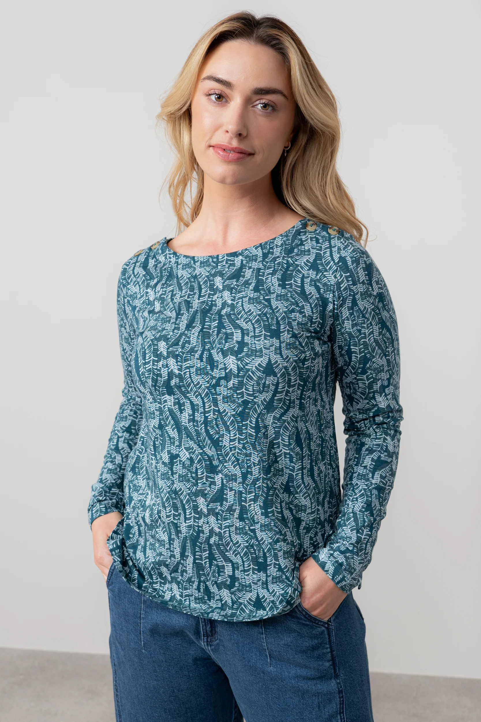 Riverside Floral Print Casual Jersey Top Petrol - Image 7