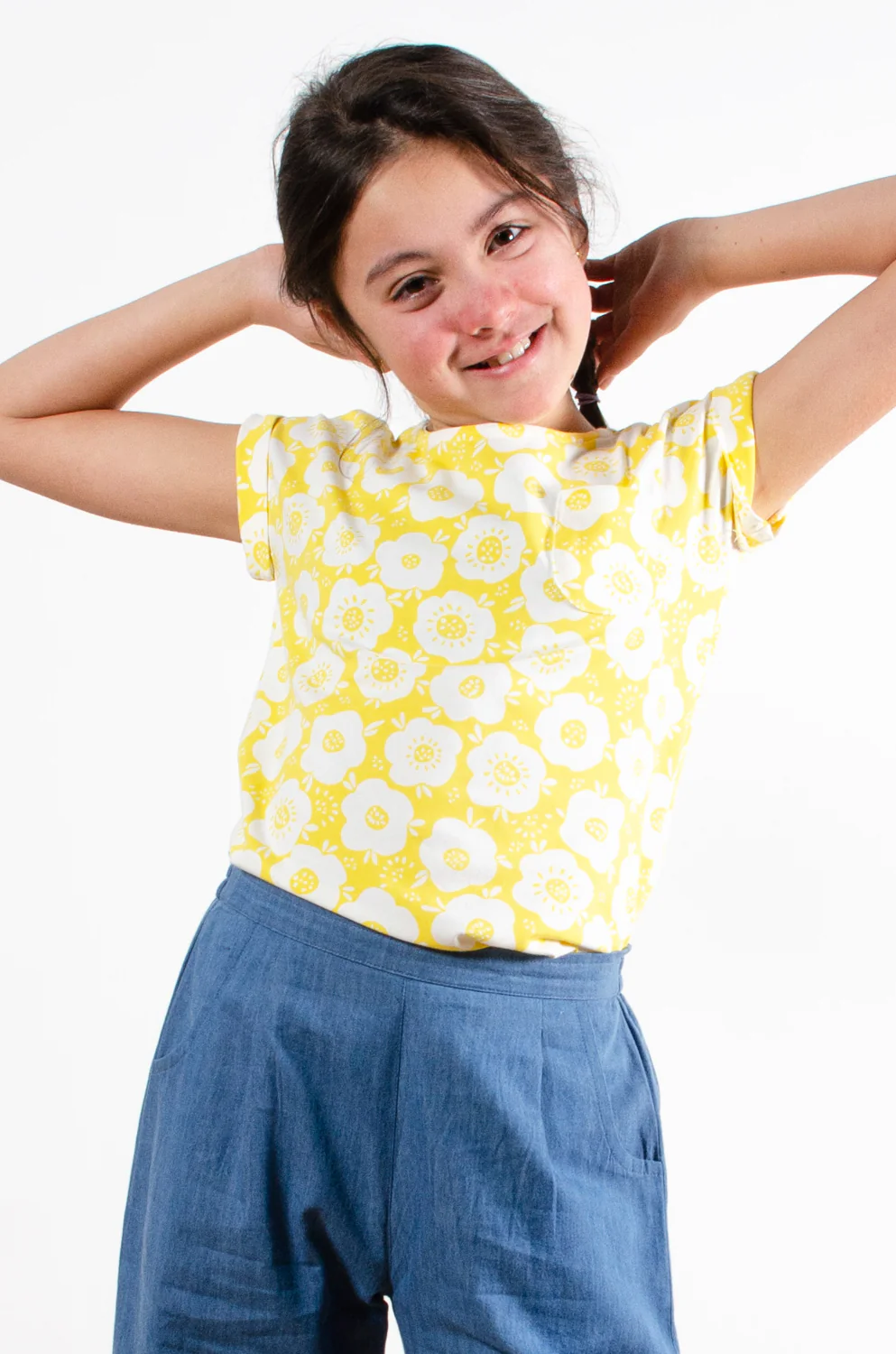Roll Sleeve Floral Yellow Two Colour Tee - Image 3
