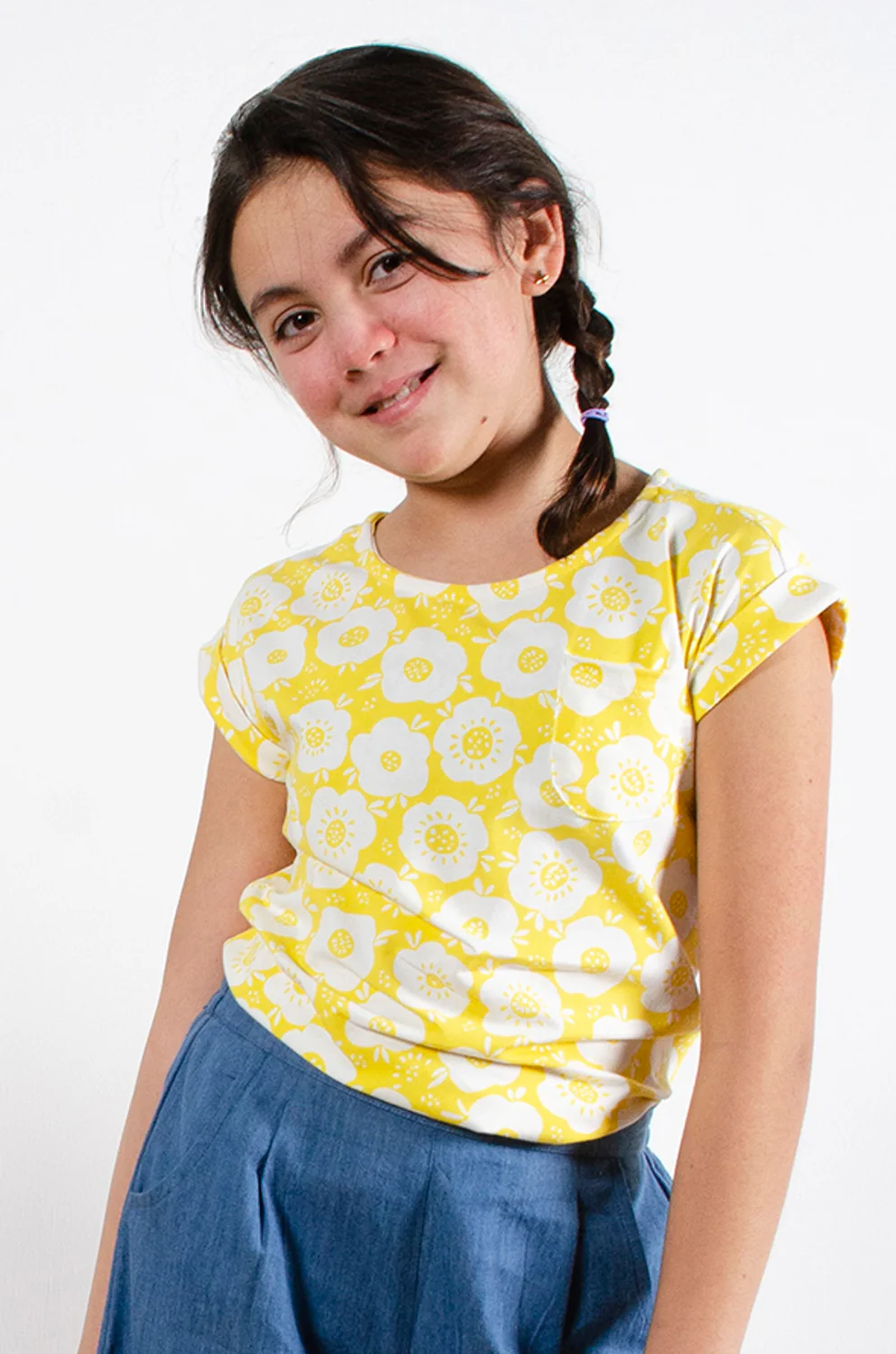 Roll Sleeve Floral Yellow Two Colour Tee - Image 5