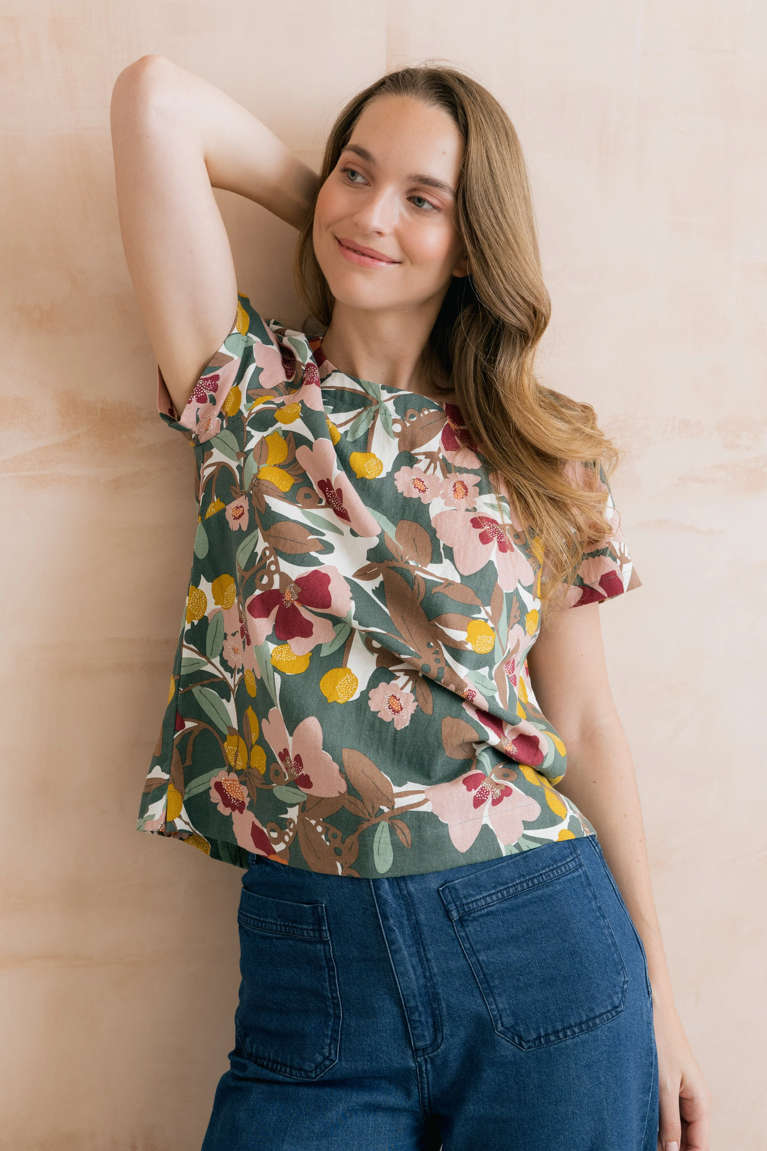Rosali Linen Blend Printed Top Laurel Green - Image 6