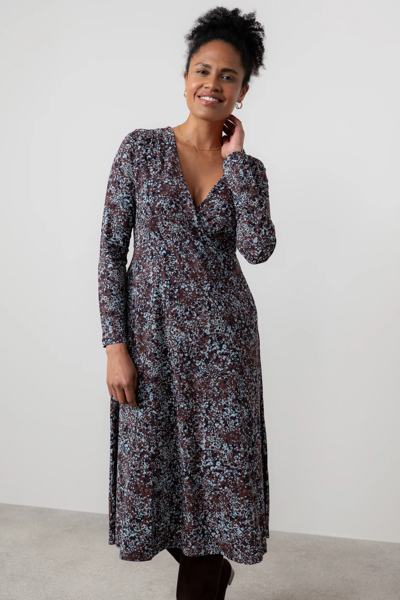 Rose Floral Print Wrap Dress Chocolate - Image 5