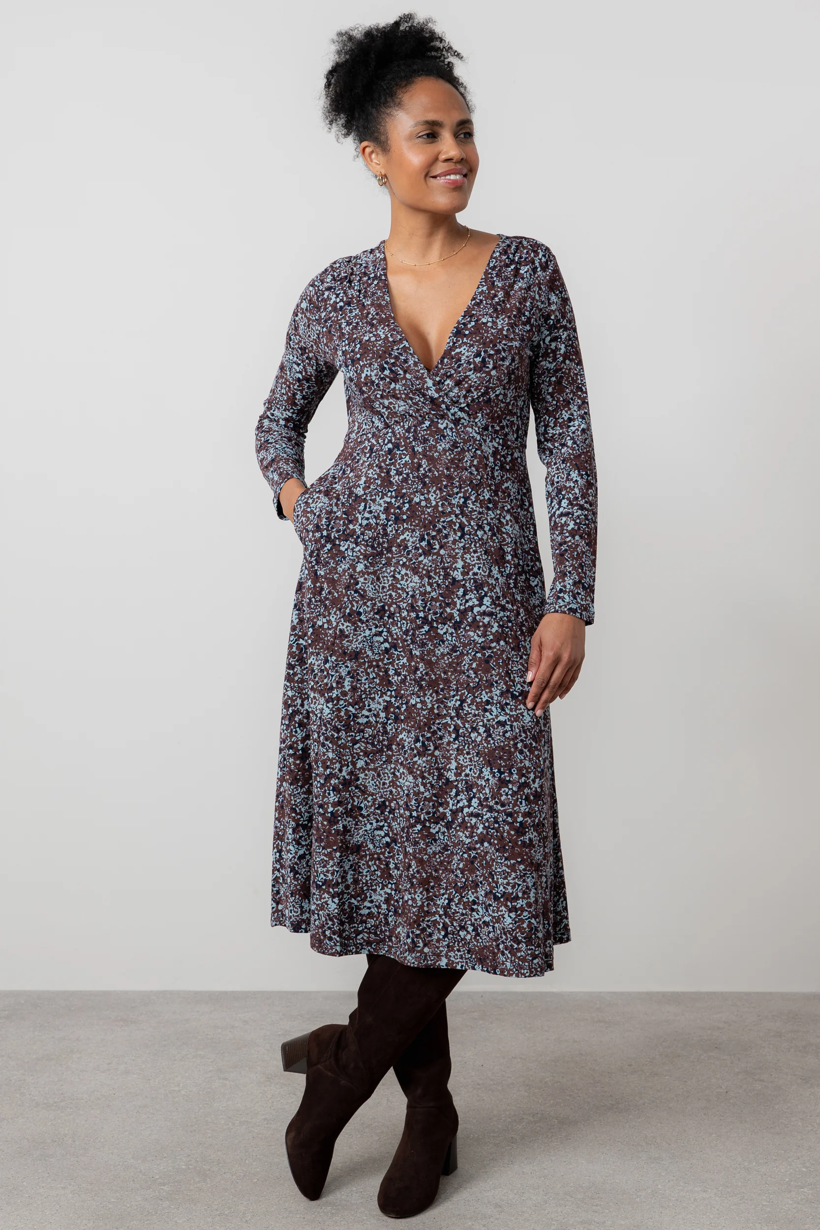 Rose Floral Print Wrap Dress Chocolate - Image 6