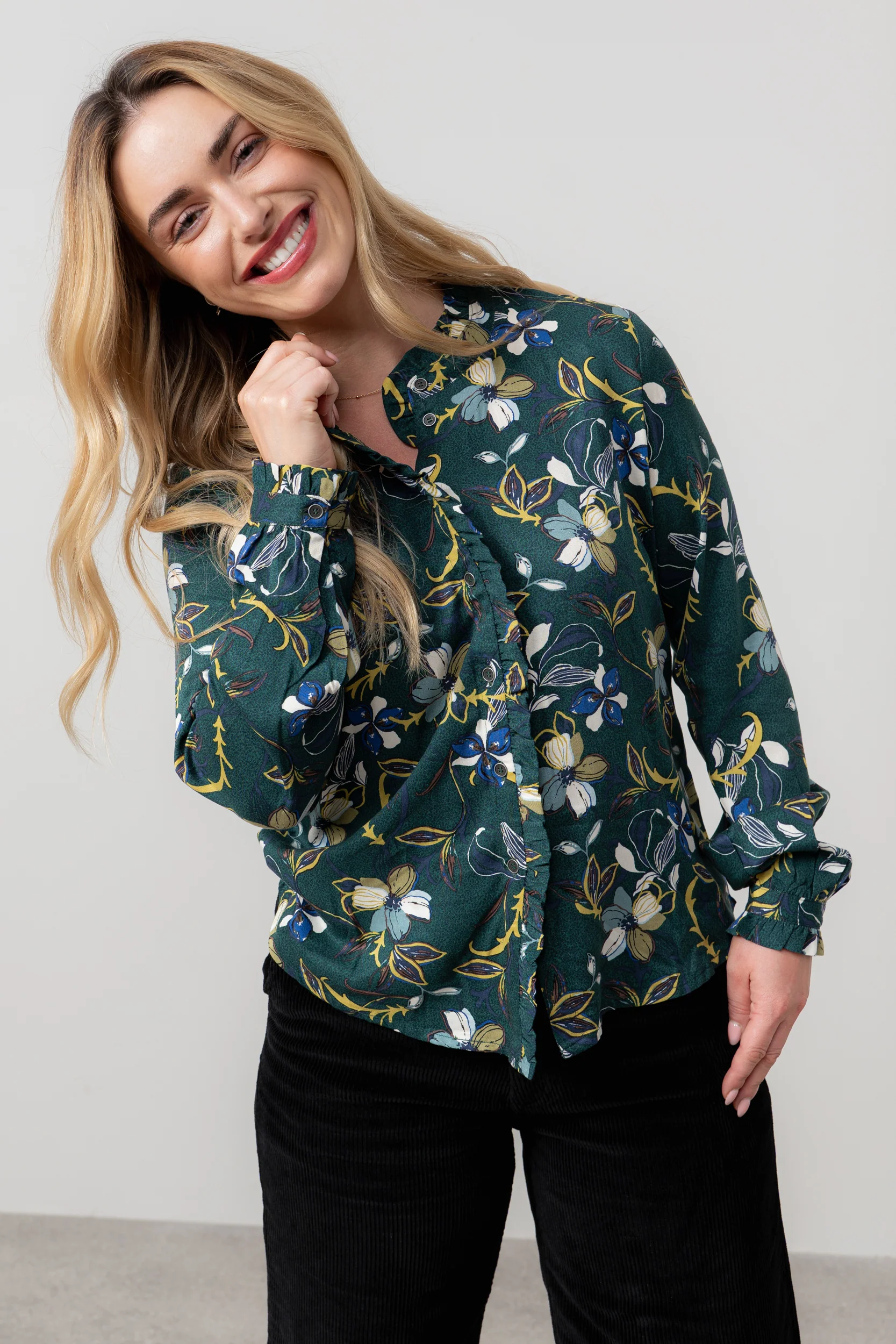 Sage Floral Print Frill Blouse Green - Image 2