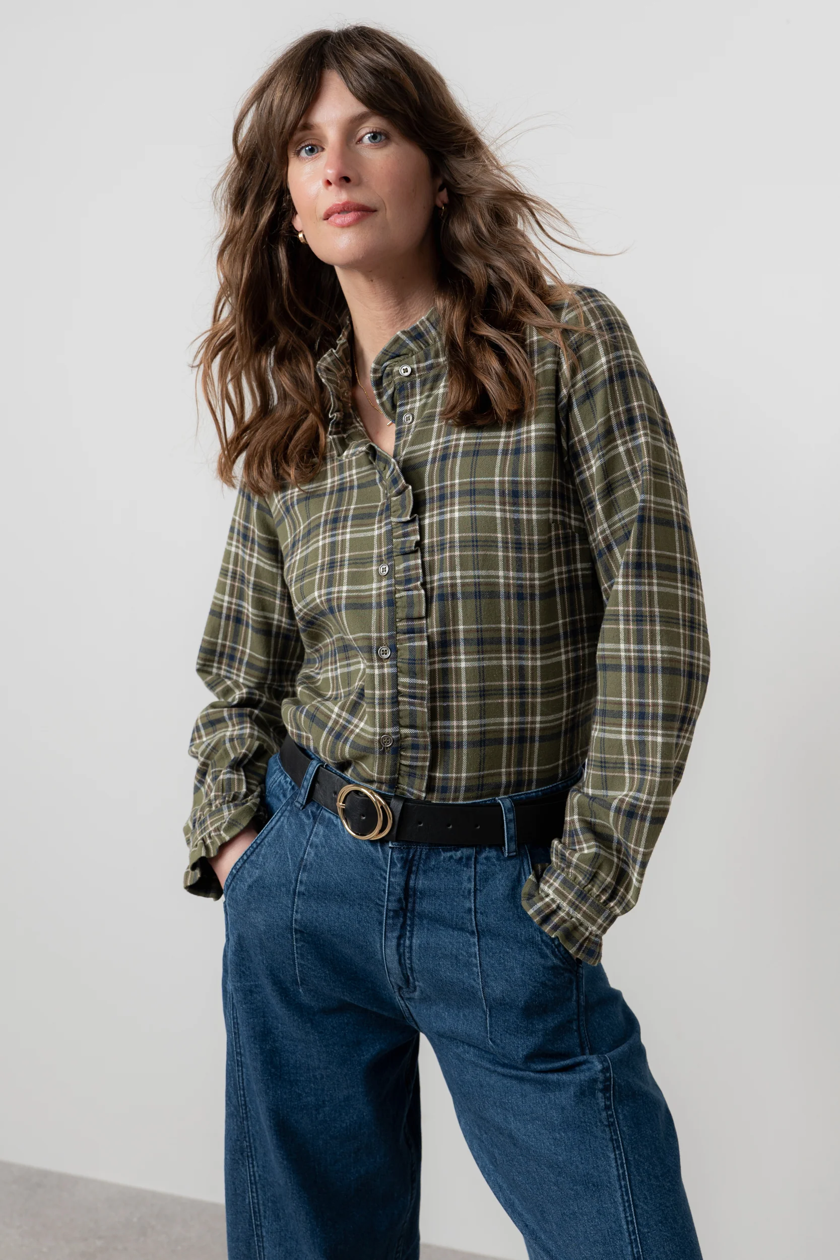 Sage Frill Organic Brushed Cotton Checked Blouse Multi - Image 2